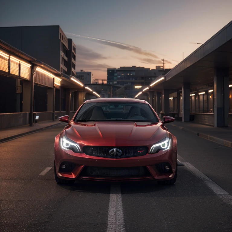 (best quality,ultra-detailed,realistic:1.37), shiny metallic finish, sleek aerodynamic design, vibrant red color, powerful engine, high-speed motion, blurred background, dynamic lines, professional photography, outdoor setting, dusk lighting