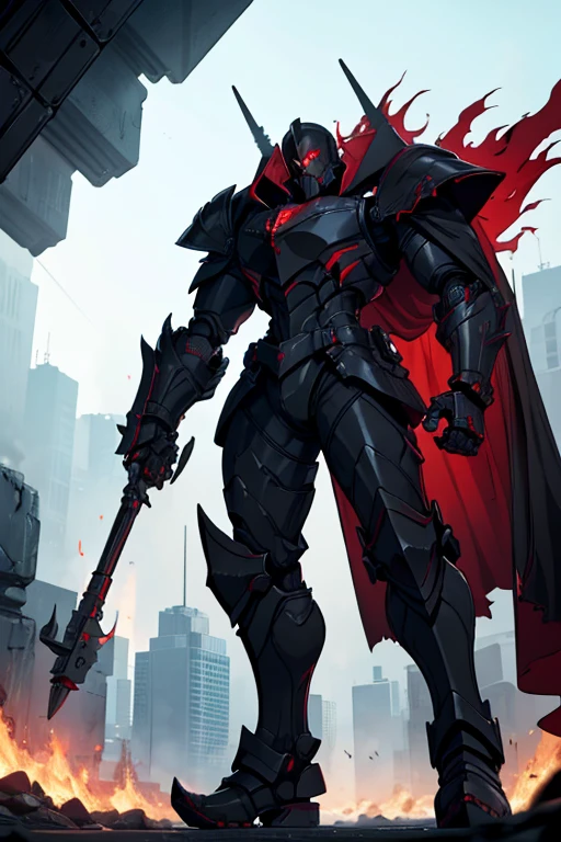 male, red eyes, robot, (((1boy))), (((black steel armor plating))), (black metal gauntlets), (black metal boots), (black metal helmet), shoulder mounted cannons, arm mounted machine guns