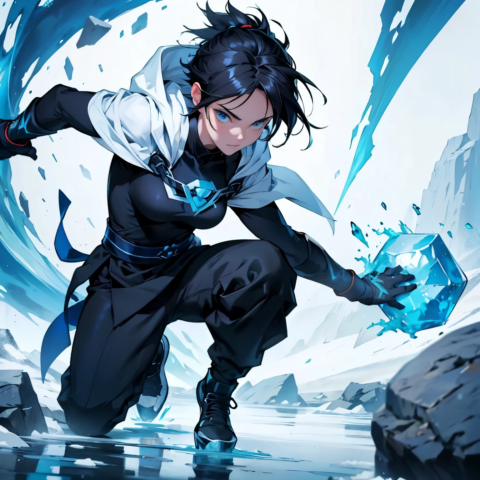 Ninja Woman, White cloak, short hair, Black hair,  blue eyes, bare hands, ice themed, black pants, blue top clothes