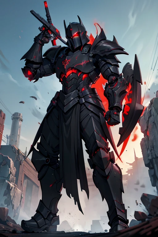 male, red eyes, robot, (((1boy))), (((black steel armor plating))), (black metal gauntlets), (black metal boots), (black metal helmet), shoulder mounted cannons, arm mounted machine guns