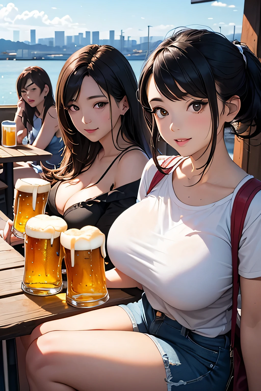 highest quality、High resolution、Detailed Background、(Beautiful face in every detail:1.4)、Anatomically correct、(Draw the usual number of fingers:1.2)、(Detailed facial expressions)、(Detailed eyes:1.2)、(Detailed eyes:1.2)、Beautiful, smooth skin、Beautiful girl in her 20s、(Three Women)、(Huge breasts:1.3)、(Highly detailed face:1.4)、Brown Hair、Black Hair、cute hair color、ponytail、Bobcut、Braided long hair、Wavy Hairstyle、well-groomed eyebrows、Perfect body line、Cowboy Shot、
(Two women having a good time with friends in a beer garden with beautiful views of Tokyo Bay:1.5)、
Going to a beer garden with friends and family can create a more enjoyable atmosphere.、Gathering with a large group of people will increase the excitement and make for a memorable experience.、
Mr.々There are many different types of beer on offer, so please try the beer that interests you.、We also recommend enjoying craft beer and local beers.、
You can also enjoy delicious food along with your beer.、
sausage、potato、Pizza etc.、Choose a dish that goes well with beer、
Occasionally there will be live music and entertainment、
You can have more fun by dancing and singing along to the music.、
It is important to have a comfortable seat or table、
A beer garden where you can enjoy beer and cocktails while taking in the beautiful view of Tokyo Bay.、
A casual style is recommended、Pairing denim shorts or chinos with a cute blouse or cut-and-sew top is perfect for a relaxed look.、Choose comfortable, cool shoes such as sneakers or sandals.、cute