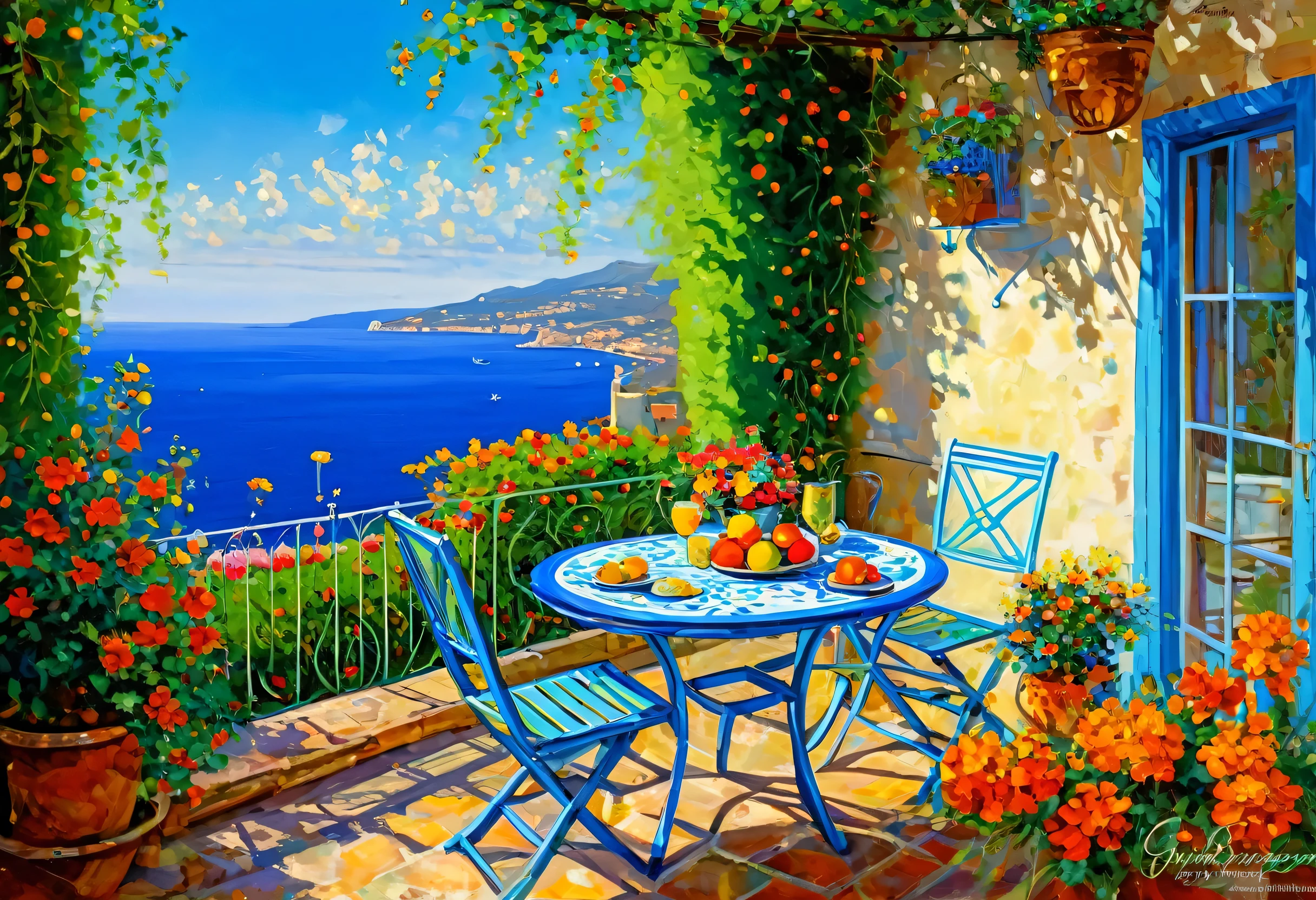 Picture of a patio with table, chairs and flowers, inspired By Guido Borrelli da Caruso, By John La Gatta, Dmitry Spiros, mediterranean view, Albert Cotin, Armin Baumgarten, Beautiful paintings, Senior Artist, Landscape painting (details), Howard Lyon, By Guido Borrelli da Caruso, Colourful and detailed