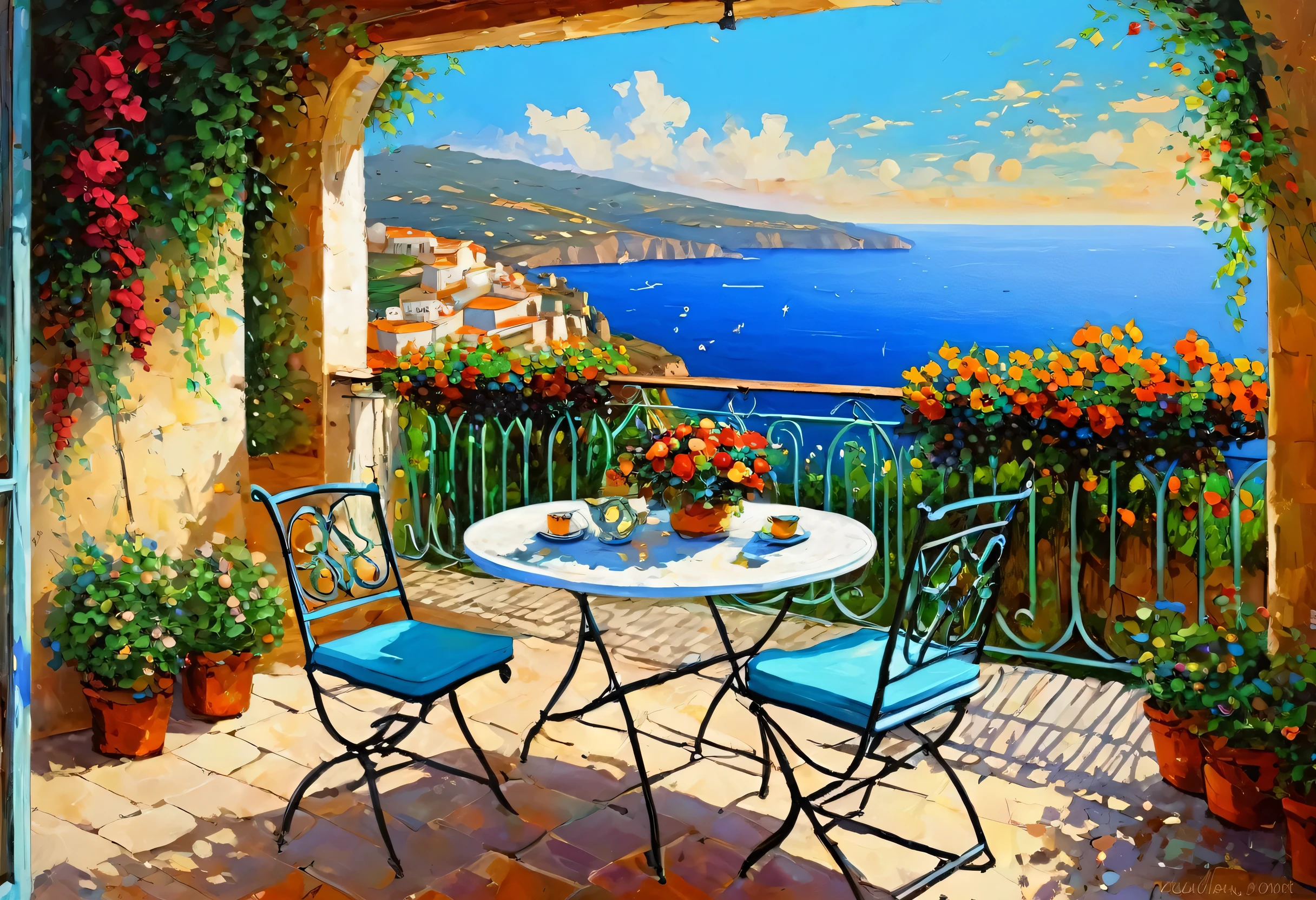 Picture of a patio with table, chairs and flowers, Portraits inspired by Guido Borelli da Caruso, Pinterest, Romanticism, Dmitry Spiros, mediterranean view, Beautiful paintings, Landscape painting details, Colourful and detailed, On the terrace, Beautiful terrace, Landscape painting, beautiful place, Romantic painting, Oil painting h 768, Heaven on Earth