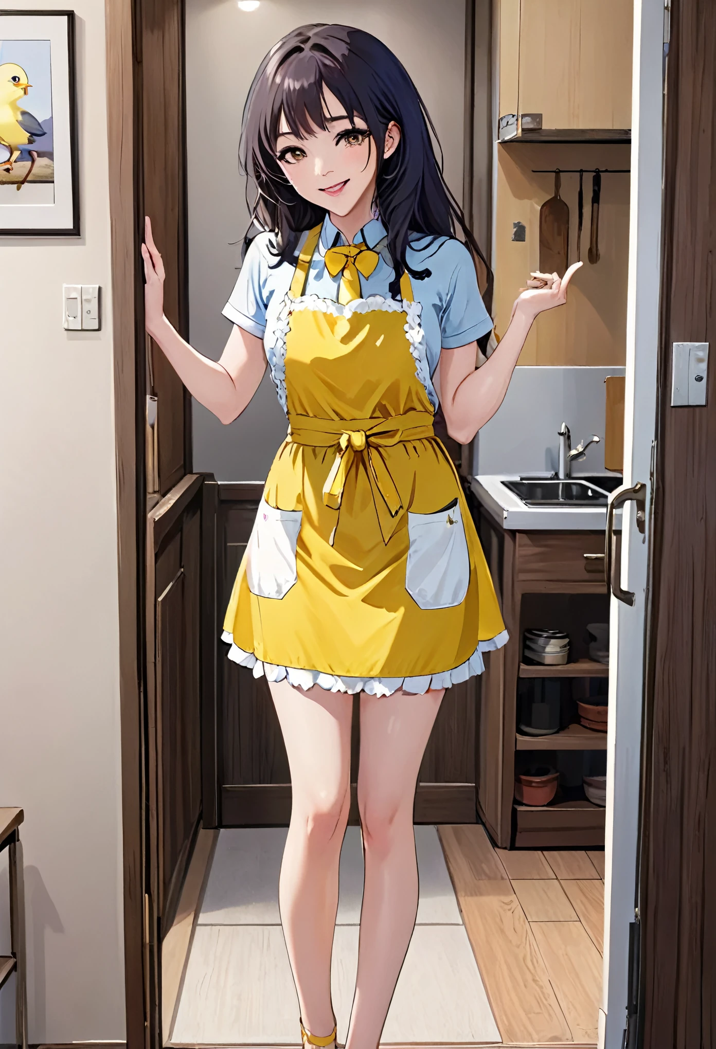 masterpiece、Mastepiece、26 year old anime girl、smile、Long Hair、Clear Eyes、Lipstick application、Adult women、Wearing a yellow apron、Chick pattern apron、Full Body Shot、In the background is the door of an apartment