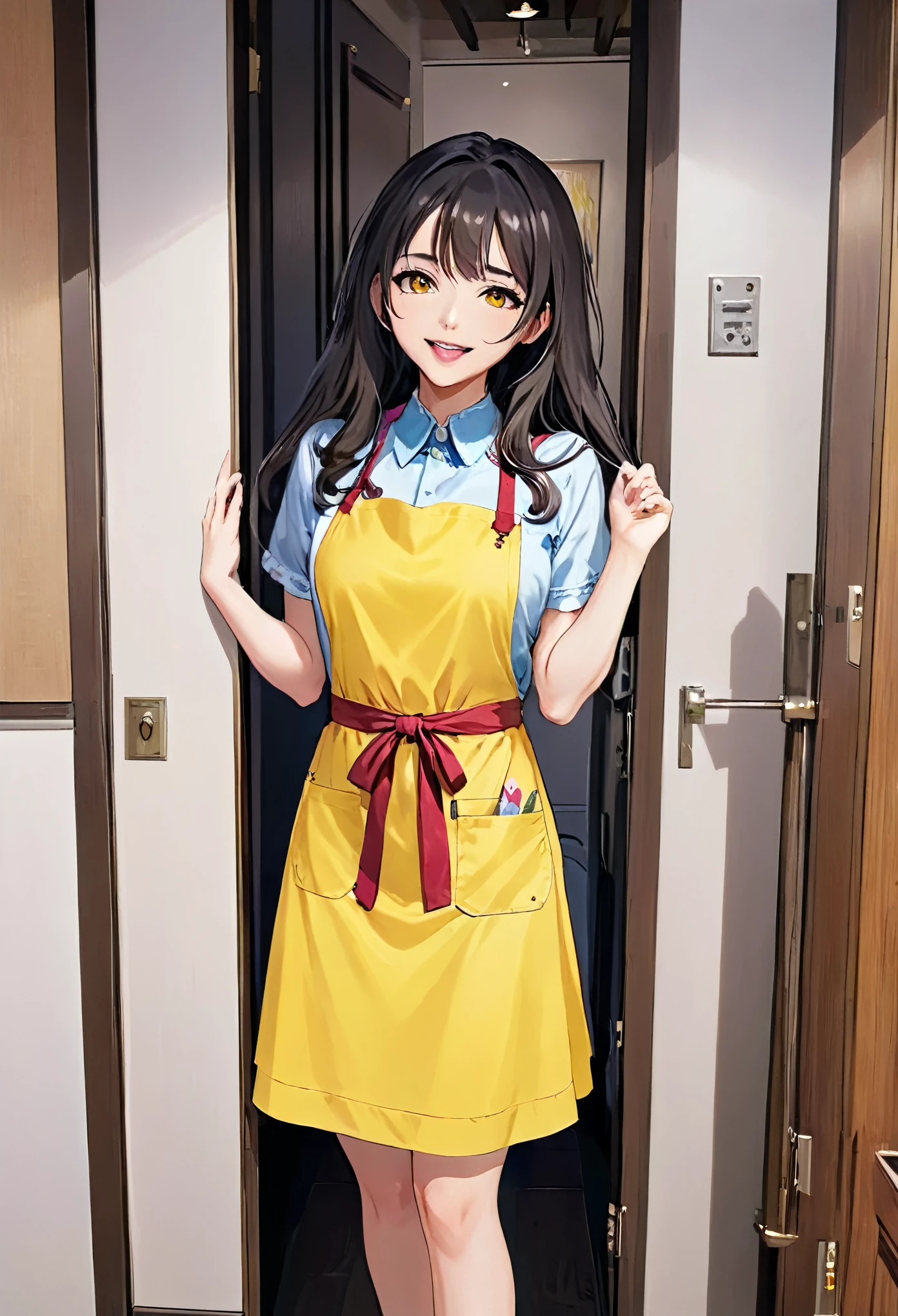 masterpiece、Mastepiece、26 year old anime girl、smile、Long Hair、Clear Eyes、Lipstick application、Adult women、Wearing a yellow apron、Chick pattern apron、Full Body Shot、In the background is the door of an apartment