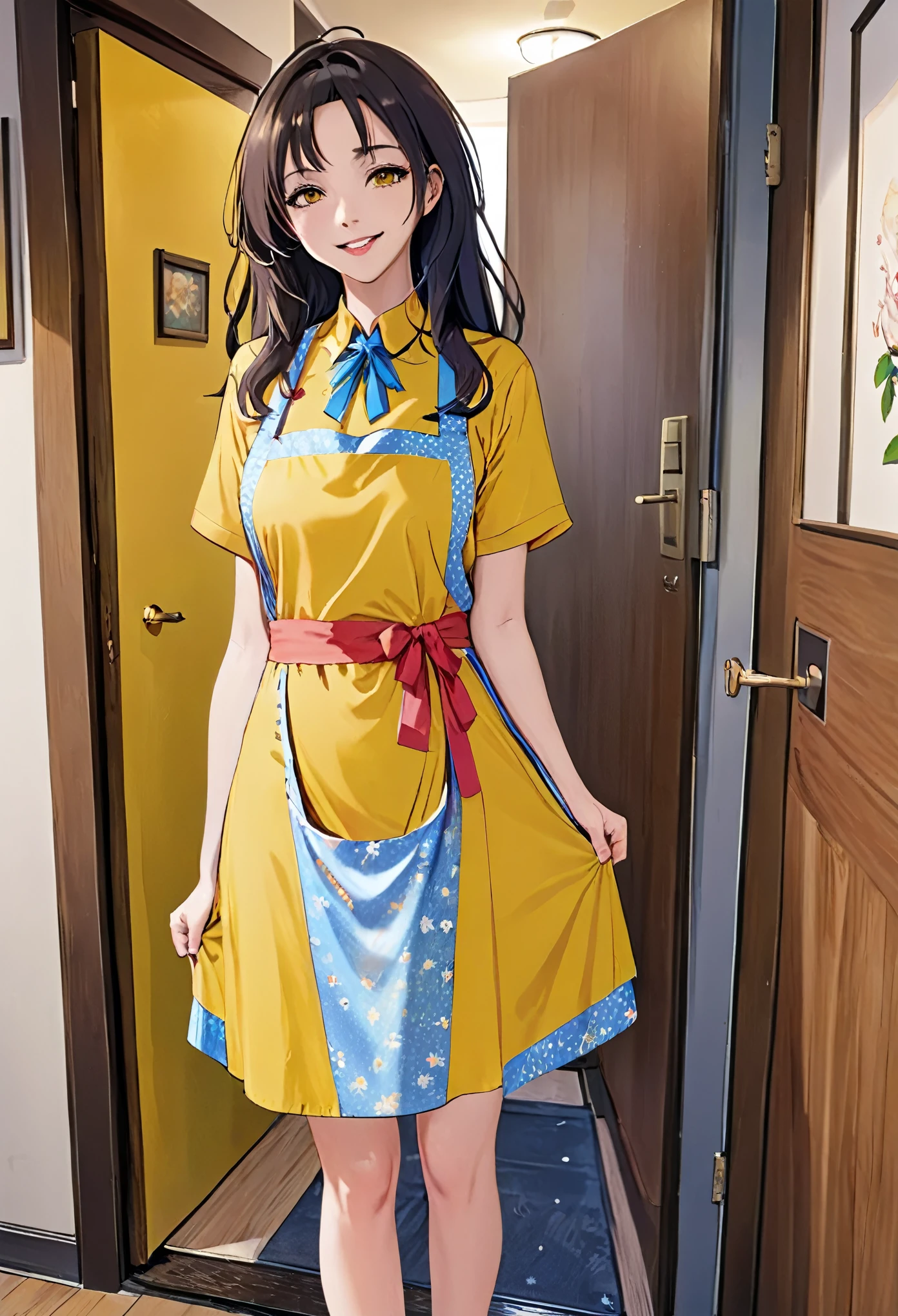 masterpiece、Mastepiece、26 year old anime girl、smile、Long Hair、Clear Eyes、Lipstick application、Adult women、Wearing a yellow apron、Chick pattern apron、Full Body Shot、In the background is the door of an apartment