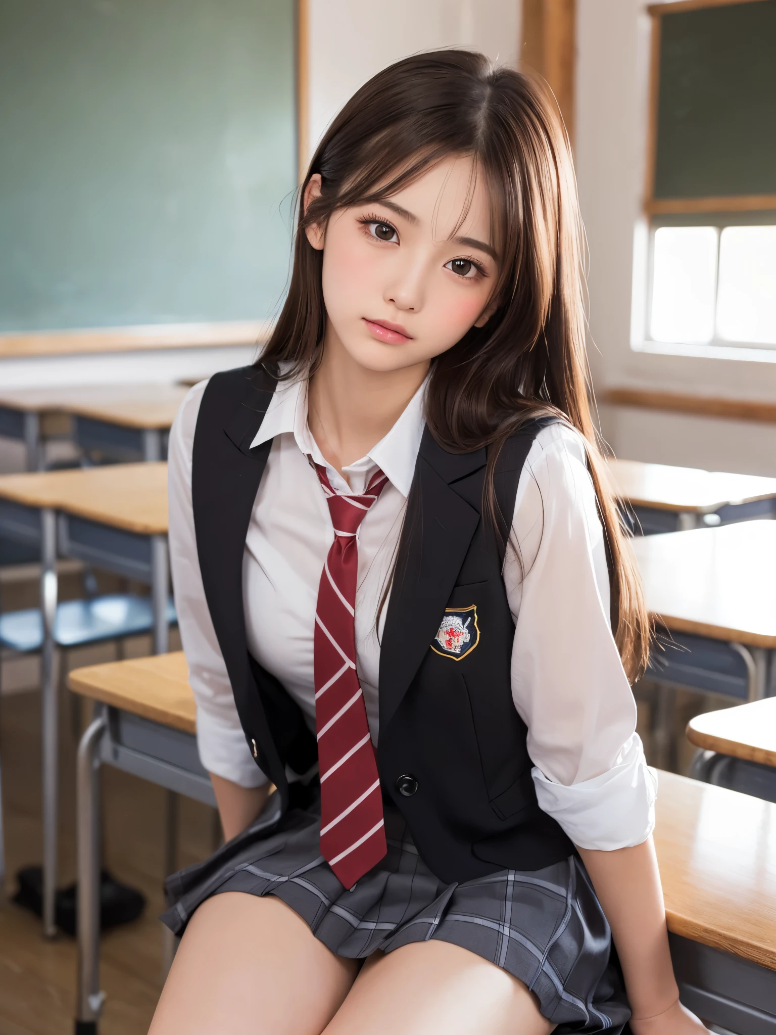 (Showing off panties:1.2), (Professional portrait, Realistic and perfectly shaped subjects:1.3), (masterpiece, highest quality:1.2), (Realistic, Ultra-realistic, Realistic:1.3), (ultra High resolution), High resolution, Intricate details, Super detailed, (Highly detailed CG, unity 8k wallpaper:1.3), Clear image,
break
(1 Japanese girl, 16 years old), (cute, Slender figure), (Perfect Anatomy, Correct limbs:1.2), (Perfect hands), Perfect Arms, Beautiful and delicate face down to the last detail, Beautiful and delicate eye and eye highlights, (Very thin and delicate、not too long lashes), (Captivating eyes, Beautifully detailed eyes and face), light makeup, Pink Lip, Lip gloss, Stylish face, (Shiny skin, Realistic skin detail), Brown Hair, medium breast
break
((school uniform)), (High school girl), (Black socks), shirt open
break
classroom, Sitting in a chair, (Cowboy Shot), break
(((blush:1.4))), ((Embarrassing:1.4)), (((shy:1.5)))
break
from below
break