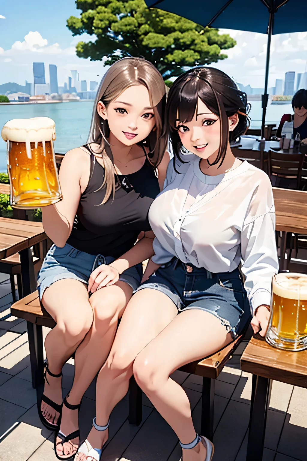 highest quality、High resolution、Detailed Background、(Beautiful face in every detail:1.4)、Anatomically correct、(Draw the usual number of fingers:1.2)、(Detailed facial expressions)、(Detailed eyes:1.2)、(Detailed eyes:1.2)、Beautiful, smooth skin、Beautiful girl in her 20s、(Three Women)、(Huge breasts:1.3)、(Highly detailed face:1.4)、Brown Hair、Black Hair、cute hair color、ponytail、Bobcut、Braided long hair、Wavy Hairstyle、well-groomed eyebrows、Perfect body line、Cowboy Shot、
(Two women having a good time with friends in a beer garden with beautiful views of Tokyo Bay:1.5)、
Going to a beer garden with friends and family can create a more enjoyable atmosphere.、Gathering with a large group of people will increase the excitement and make for a memorable experience.、
Mr.々There are many different types of beer on offer, so please try the beer that interests you.、We also recommend enjoying craft beer and local beers.、
You can also enjoy delicious food along with your beer.、
sausage、potato、Pizza etc.、Choose a dish that goes well with beer、
Occasionally there will be live music and entertainment、
You can have more fun by dancing and singing along to the music.、
It is important to have a comfortable seat or table、
A beer garden where you can enjoy beer and cocktails while taking in the beautiful view of Tokyo Bay.、
A casual style is recommended、Pairing denim shorts or chinos with a cute blouse or cut-and-sew top is perfect for a relaxed look.、Choose comfortable, cool shoes such as sneakers or sandals.、cute