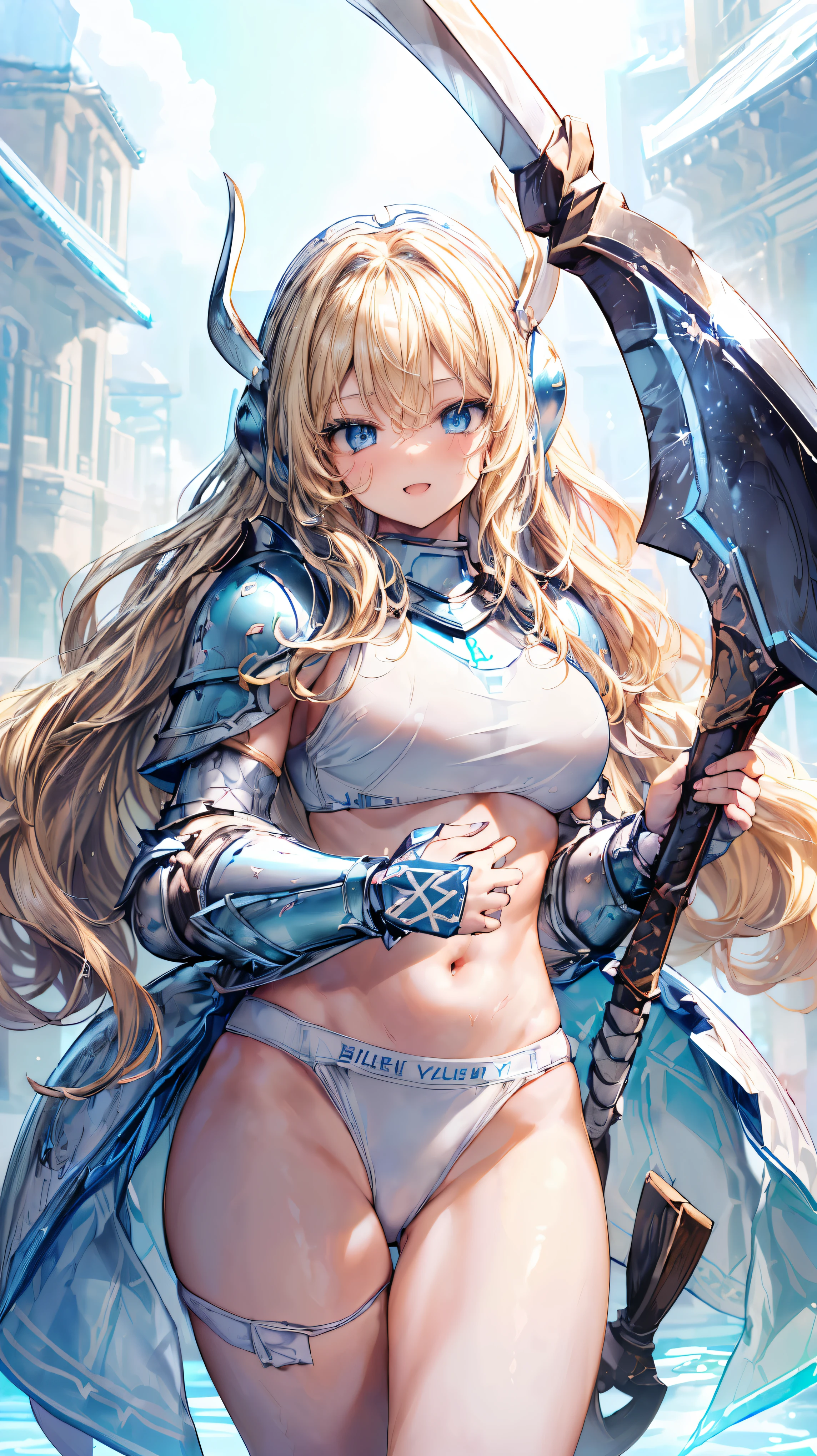 Very detailed、highest quality、(Best image quality:1.5)、(masterpiece:1.5)、8k、Anime Face、A kind smile、Open Mouth、(Beautiful bright blue eyes:1.5)、(Blonde wavy hair:1.5)、Muscles of the whole body、Thigh belt、(Wearing white bikini armor:1.5)、(Cowboy Shot:1.6)、(Wearing a helmet:1.5)、(Holding a battle axe:1.5)、Warm lighting