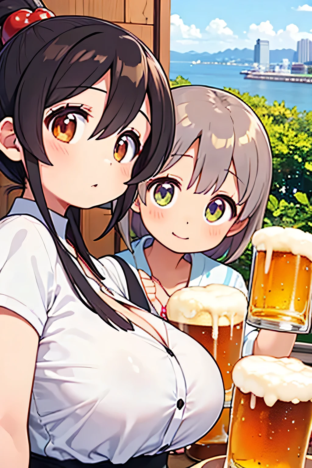 highest quality、High resolution、Detailed Background、(Beautiful face in every detail:1.4)、Anatomically correct、(Draw the usual number of fingers:1.2)、(Detailed facial expressions)、(Detailed eyes:1.2)、(Detailed eyes:1.2)、Beautiful, smooth skin、Beautiful girl in her 20s、(Three Women)、(Huge breasts:1.3)、(Highly detailed face:1.4)、Brown Hair、Black Hair、cute hair color、ponytail、Bobcut、Braided long hair、Wavy Hairstyle、well-groomed eyebrows、Perfect body line、Cowboy Shot、

(Two women having a good time with friends in a beer garden with beautiful views of Tokyo Bay:1.5)、

Going to a beer garden with friends and family can create a more enjoyable atmosphere.、Gathering with a large group of people will increase the excitement and make for a memorable experience.、

Mr.々There are many different types of beer on offer, so please try the beer that interests you.、We also recommend enjoying craft beer and local beers.、

You can also enjoy delicious food along with your beer.、
sausage、potato、Pizza etc.、Choose a dish that goes well with beer、

Occasionally there will be live music and entertainment、
You can have more fun by dancing and singing along to the music.、

It is important to have a comfortable seat or table、

A beer garden where you can enjoy beer and cocktails while taking in the beautiful view of Tokyo Bay.、cute