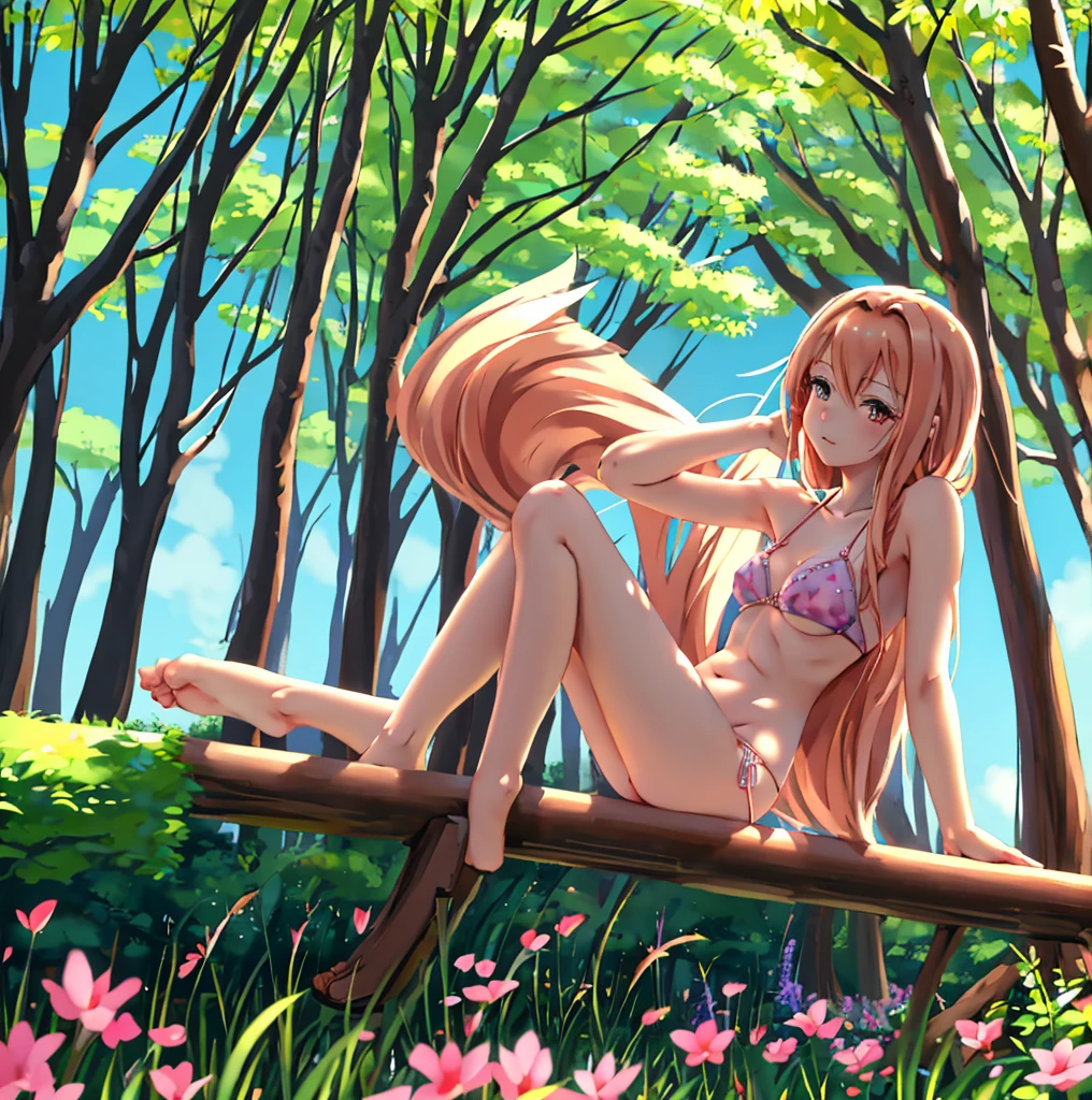 anime girl in a bikini posing in a park with trees, seductive anime girl, smooth anime cg art, realistic bikini, (anime girl), by Jin Homura, attractive anime girl, beautiful anime girl, anime moe artstyle, cute anime girl, beautiful alluring anime , pretty anime girl, extremely detailed artgerm, ecchi anime style, 