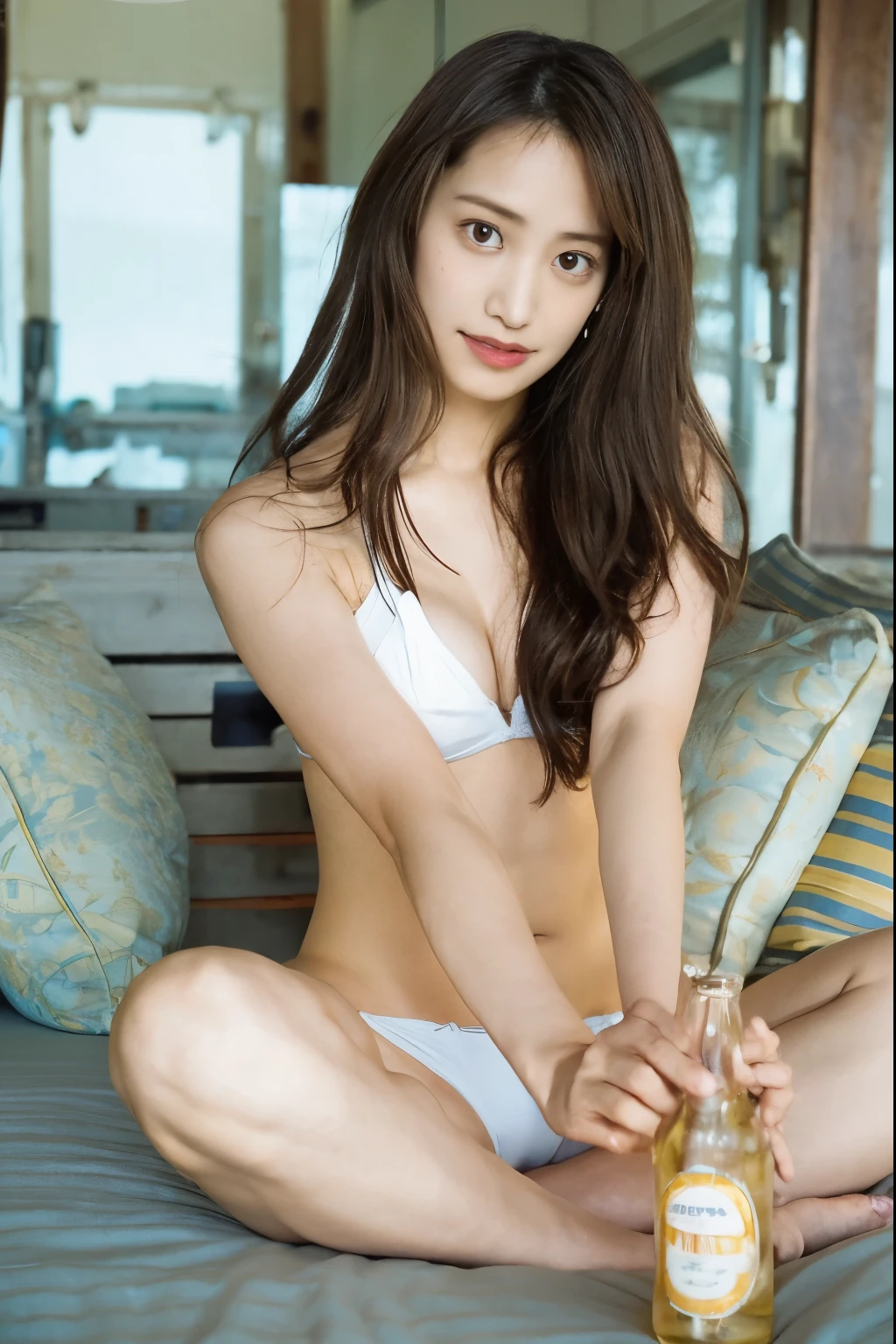 Arafe woman in white bikini sitting on bed holding beer bottle, Young Sensual Gravure Idol, Young Pretty Gravure Idol, Young skinny gravure idol, Young Gravure Idol, Japanese Model, Realistic young gravure idol, A sophisticated gravure idol, Ayami Kojima, Ai Yazawa, Yasumoto Oka, Ayami Kojima Amano