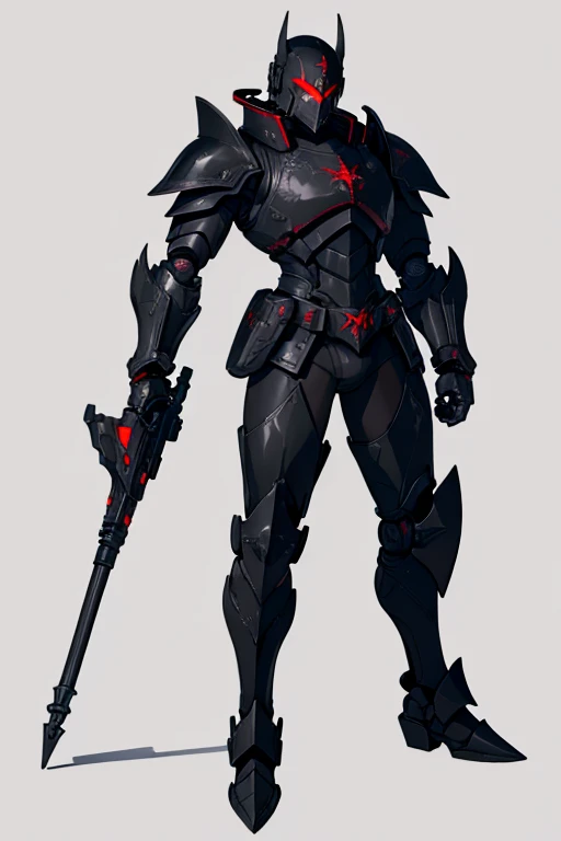 male, red eyes, robot, (((1boy))), (((black steel armor plating))), (black metal gauntlets), (black metal boots), (black metal helmet), shoulder mounted cannons, arm mounted machine guns