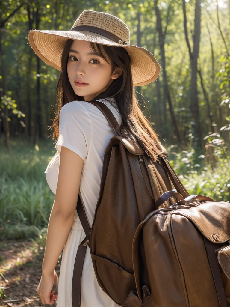 best qualtiy, masterpiece, (realistic:1.6), raw photograph, 1girl, portrait, deep shading, low tune, soft light, looking to the camera, Sexy look, long brown all back hair, safari hat, back pack,
day outdoor, forest background, deers, lake,