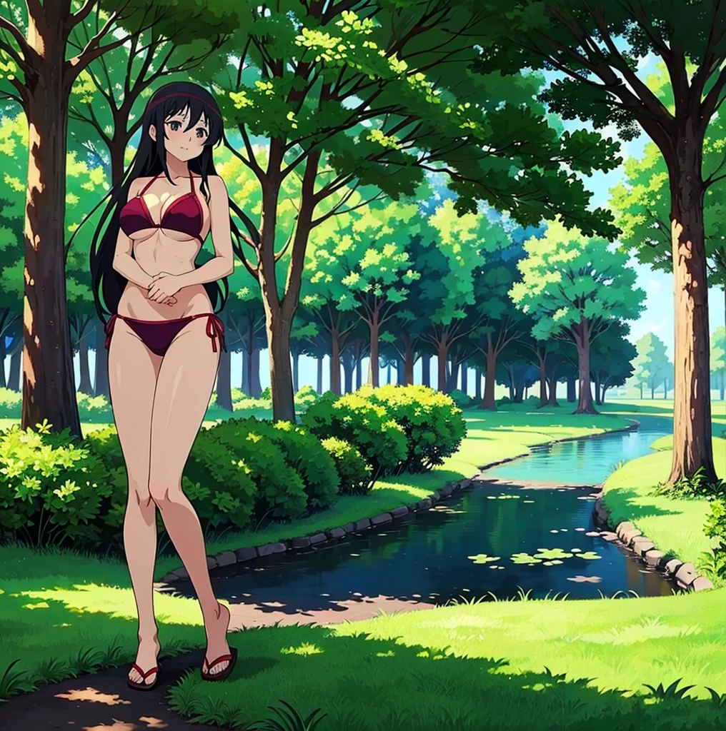 anime girl in a bikini posing in a park with trees, seductive anime girl, smooth anime cg art, realistic bikini, (anime girl), by Jin Homura, attractive anime girl, beautiful anime girl, anime moe artstyle, cute anime girl, beautiful alluring anime , pretty anime girl, extremely detailed artgerm, ecchi anime style,