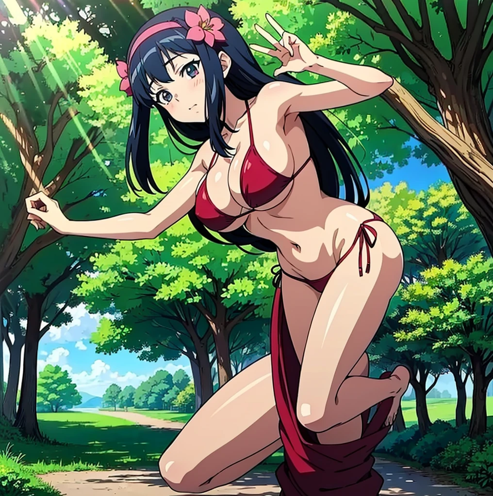 anime girl in a bikini posing in a park with trees,  anime girl, smooth anime cg art, realistic bikini, (anime girl), by Jin Homura, attractive anime girl, beautiful anime girl, anime moe artstyle, cute anime girl, beautiful alluring anime teen, pretty anime girl, extremely detailed artgerm,  anime style, 