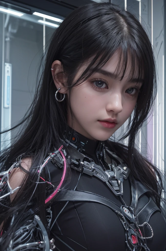 top-quality、​masterpiece、超A high resolution、(Photorealsitic:1.4)、Raw photo、1 girl、Black hair、glowy skin、1 Mechanical Girl、((super realistic details))、Portrait、Global Illumination、Shadow、Octane Render、8K、ultrasharp、Colossal 、Raw skin is exposed in cleavage、Metal、Details of complex ornaments、headset on head、Hydraulic cylinder、highly intricate detail、Realistic light、CGSoation Trends、Purple eyes、Glowing eyes、Facing the camera、neon details、Mechanical limbs、blood vessels connected to tubes、Mechanical vertebrae attached to the back、mechanical cervical attaching to neck、Wires and cables connecting to the head、Evangelion、Cyberpunk、Small LED lamp、processor、Luminous tube、perfectly proportions、The background is the cockpit of a futuristic spaceship、