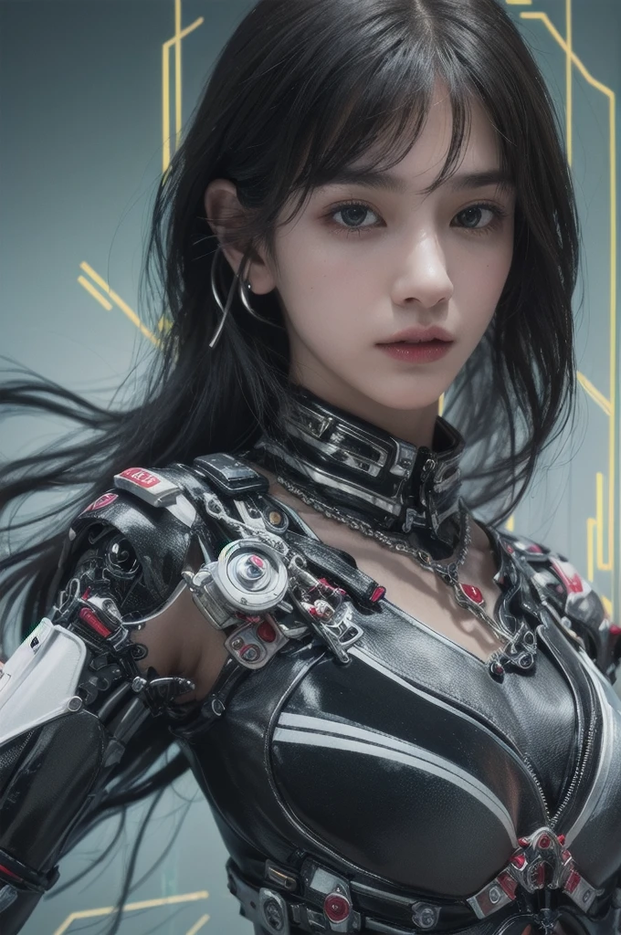 top-quality、​masterpiece、超A high resolution、(Photorealsitic:1.4)、Raw photo、1 girl、Black hair、glowy skin、1 Mechanical Girl、((super realistic details))、Portrait、Global Illumination、Shadow、Octane Render、8K、ultrasharp、Colossal 、Raw skin is exposed in cleavage、Metal、Details of complex ornaments、headset on head、Hydraulic cylinder、highly intricate detail、Realistic light、CGSoation Trends、Purple eyes、Glowing eyes、Facing the camera、neon details、Mechanical limbs、blood vessels connected to tubes、Mechanical vertebrae attached to the back、mechanical cervical attaching to neck、Wires and cables connecting to the head、Evangelion、Cyberpunk、Small LED lamp、processor、Luminous tube、perfectly proportions、The background is the cockpit of a futuristic spaceship、
