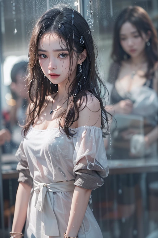 (masterpiece:1.3), (8k, Photorealistic, Raw photo, Best image quality: 1.4), Fair-skinned fairy woman、Long Haircut、Cleavage:2.0、Super detailed face、Attention to detail、, double eyelid、Put your chest together、Sharp focus:1.2、Beautiful woman:1.4、Silvery white hair、highest quality、masterpiece、超A high resolution、(Photorealistic:1.4)、Highly detailed and professionally lit smile、Loose, light, Shoulder out、thin、Serious expression、Short-haired、Deadly position, gorgeous accessories, one person (RAW shooting, Photoreal:1.5, 8K, highest quality, masterpiece, ultra high resolution), perfect dynamic composition:1.2, (In front of a city building at night in a modern city, expression of sadness:0.9, Tears are flowing:0.9, cry with a broken heart:0.9), Highly detailed skin and facial textures:1.2, Slim office lady wet in the rain:1.3,  Fair skin:1.2, sexy beauty:1.1, perfect style:1.2, beautiful and aesthetic:1.1, very beautiful face:1.2, water droplets on the skin, (rain drips all over my body:1.2, wet body:1.2, wet hair:1.3), (Holding a wet bouquet:1.2, Wearing a wet white blouse correctly:1.35), (Medium chest, Bra is transparent, Chest gap), necklace, earrings, bracelet