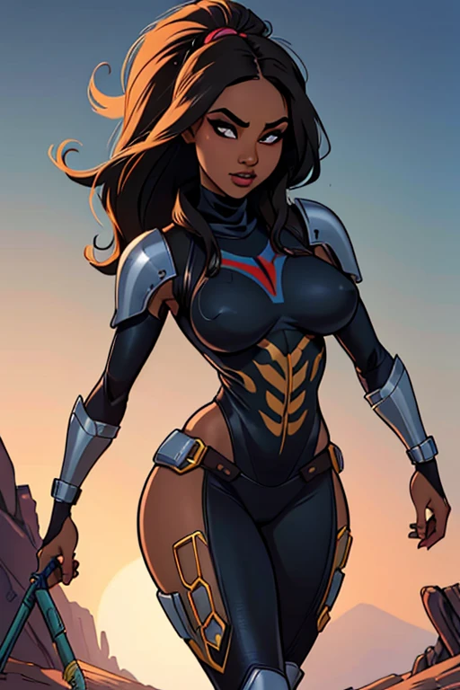 (((sfw,  preta sexy, medium breasts, pele negra, corpo magro))), Science fiction, armadura cortada, full body dynamic action pose, nave espacial como plano de fundo, corpo magro, Mandalorian Hunter, corpo inteiro, multicolorido, encaracolado, Encaracolado, cabelos modernos, modern accessories, fundo pastel, colorido e simples,Post-apocalyptic_moda