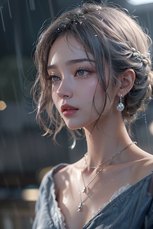 (masterpiece:1.3), (8k, Photorealistic, Raw photo, Best image quality: 1.4), Fair-skinned fairy woman、Long Haircut、Cleavage:2.0、Super detailed face、Attention to detail、age 17, double eyelid、Put your chest together、Sharp focus:1.2、Beautiful woman:1.4、Silvery white hair、highest quality、masterpiece、超A high resolution、(Photorealistic:1.4)、Highly detailed and professionally lit smile、Loose, light, Shoulder out、thin、Serious expression、Short-haired、Deadly position, gorgeous accessories, one person (RAW shooting, Photoreal:1.5, 8K, highest quality, masterpiece, ultra high resolution), perfect dynamic composition:1.2, (In front of a city building at night in a modern city, expression of sadness:0.9, Tears are flowing:0.9, cry with a broken heart:0.9), Highly detailed skin and facial textures:1.2, Slim office lady wet in the rain:1.3, Fair skin:1.2, sexy beauty:1.1, perfect style:1.2, beautiful and aesthetic:1.1, very beautiful face:1.2, water droplets on the skin, (rain drips all over my body:1.2, wet body:1.2, wet hair:1.3), (Holding a wet bouquet:1.2, Wearing a wet white blouse correctly:1.35), (Medium chest, Bra is transparent, Chest gap), necklace, earrings, bracelet, wear jeans