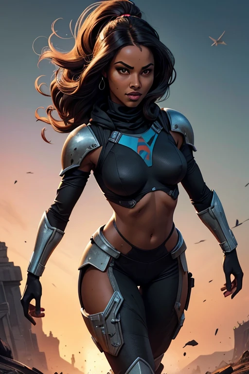 (((sfw, preta sexy, medium breasts, pele negra, corpo magro))), Science fiction, armadura cortada, full body dynamic action pose, nave espacial como plano de fundo, corpo magro, Mandalorian Hunter, corpo inteiro, multicolorido, encaracolado, Encaracolado, cabelos modernos, modern accessories, fundo pastel, colorido e simples,Post-apocalyptic_moda