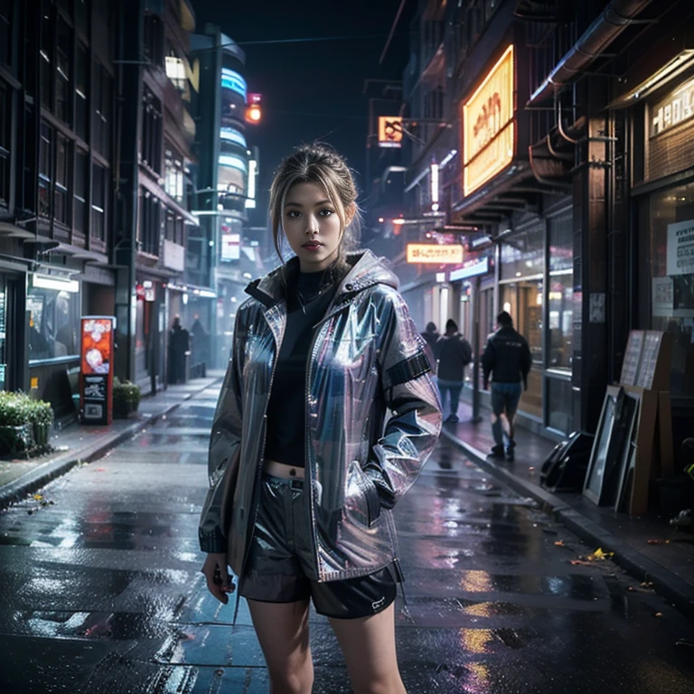 highest quality、Super fine、Realistic、Beautiful detailed eyes、Beautiful detailed lips、cyberpunk、huge breasts、(Tight holographic coat with gunmetal color bikini and shorts:1.4)、Mecha、Armament、Cyberpunk city girl、neon、Street graffiti、Night view、Mysterious atmosphere、High-tech gadgets、Vibrant colors、 Glowing Effects、Urban decline、skyscraper、Bustling Crowd、Urban fashion、Sleek and futuristic design、Technological advances、Edgy hairstyles、Dark Alley、Electronic Music、Energy Beam、A strong and confident posture、Cool and confident look、詳細なMechaアーマー、Cowboy Shot、COMG3O