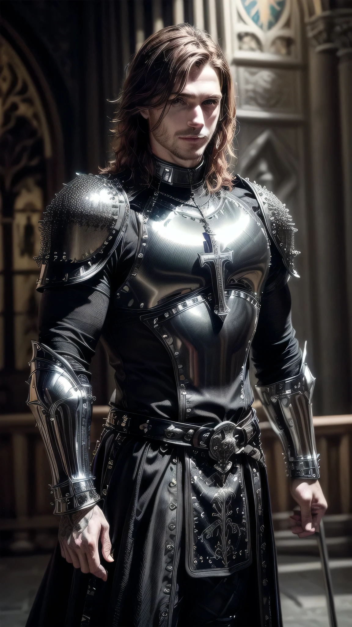 (masterpiece), (extremely intricate:1.3), (realistic), portrait man (((medieval paladin, (((lacquered reflective jetblack armor:1.4, cleric, holy symbol, (chrome rivets, deadly, muscular, masculine, male))), photorealistic, hyper-realistic, smiling, wind blown blowing straight [dark hair:ginger hair:0.5]), tattoo:0.9)), indoor, stained glass, medieval church, intense sunlight, professional photograph, detailed), ((dynamic pose)), sharp focus, dramatic, award winning, cinematic lighting, volumetrics dtx, (film grain, blurry background, blurry foreground, bokeh, depth of field, interaction), 8K