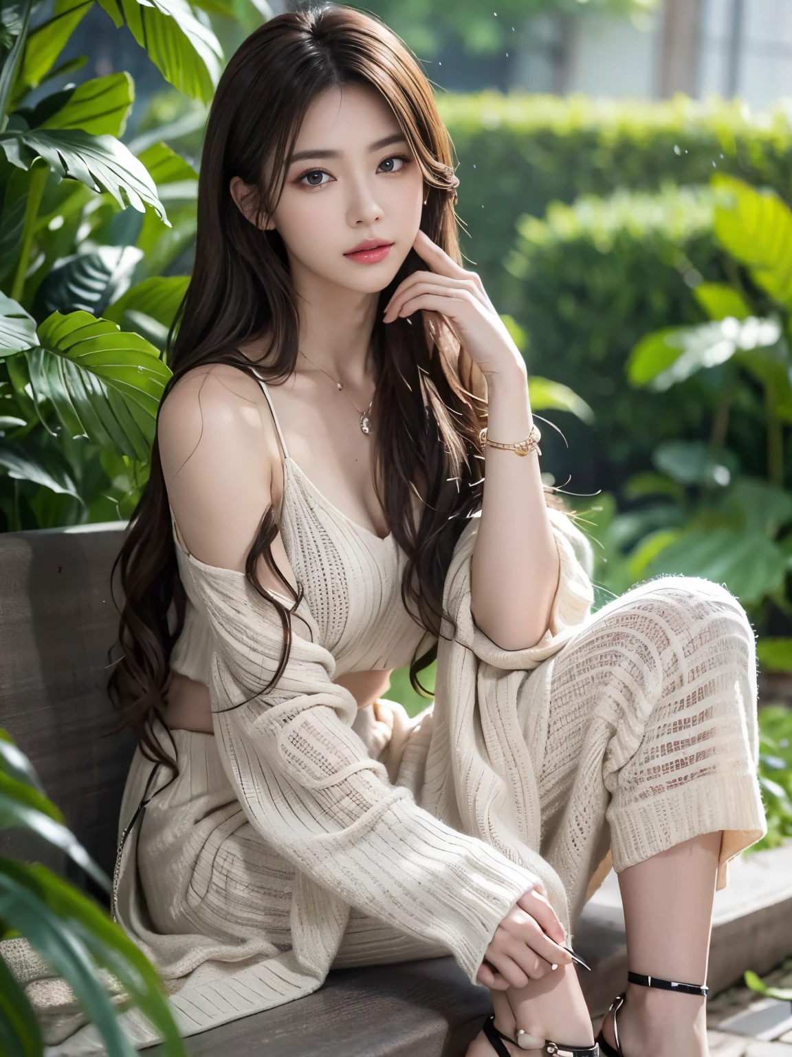 ((Realistic lighting、highest quality、8k、masterpiece:1.3))、Clear focus:1.2、Browsing Caution:1.2,（naked:1.2）、((Realistic)) , ((Real Light、highest quality))、Model Body Type:1.4、(Dark brown hair、 outside:1.2)、Dark brown eyes、Hair length、tropical rain forest、(24-years-old:1.3)、Ultra detailed face、Detailed eyes、double eyelid、necklace、bracelet、Hair on one eye、High heels、Eyeliner、drop down、Brush your hair up with both hands