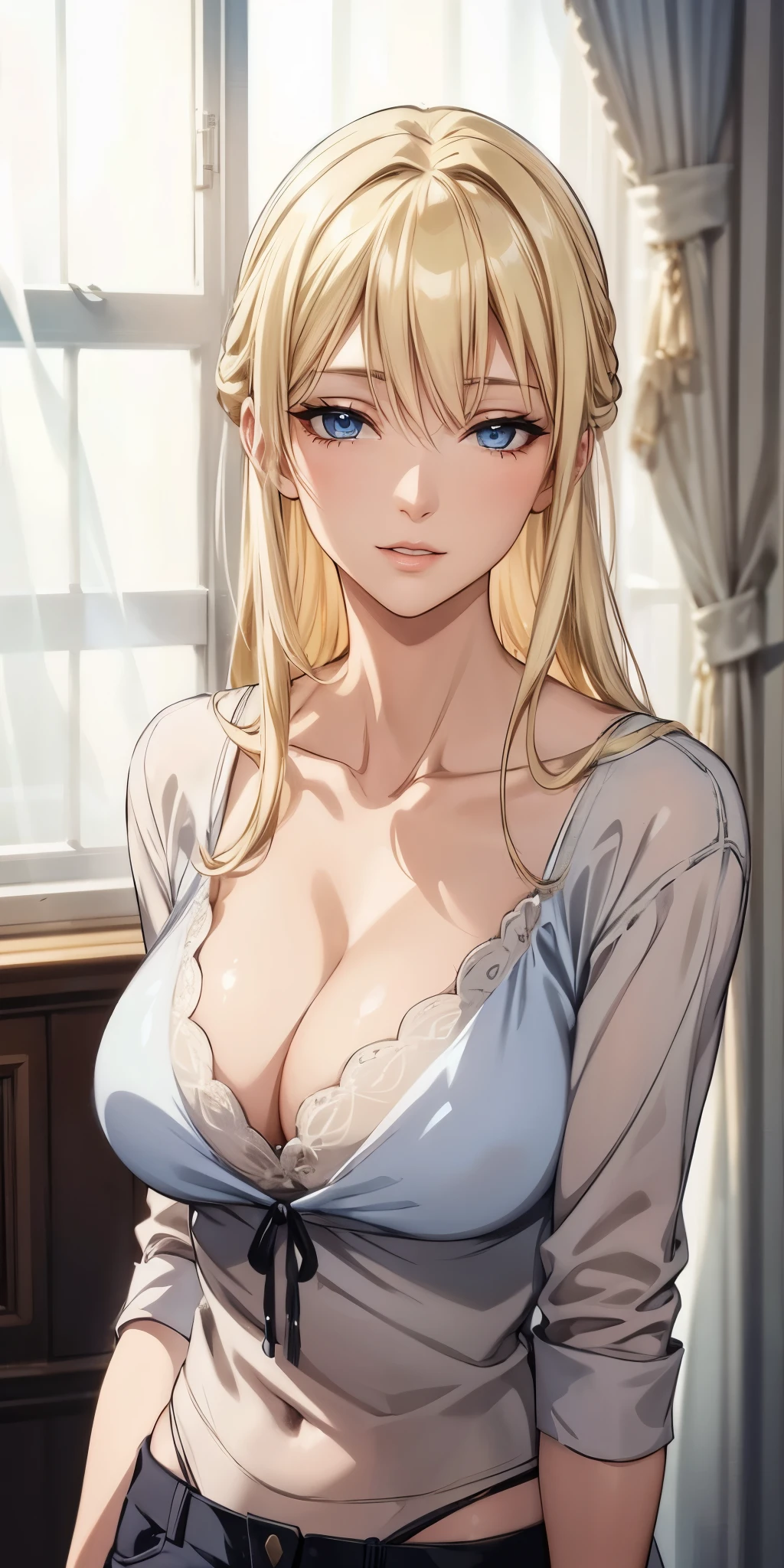 Elegant mature woman, blonde hair, blue eyes, 4k resolution, high quality cg, beautiful cg, soft light, 