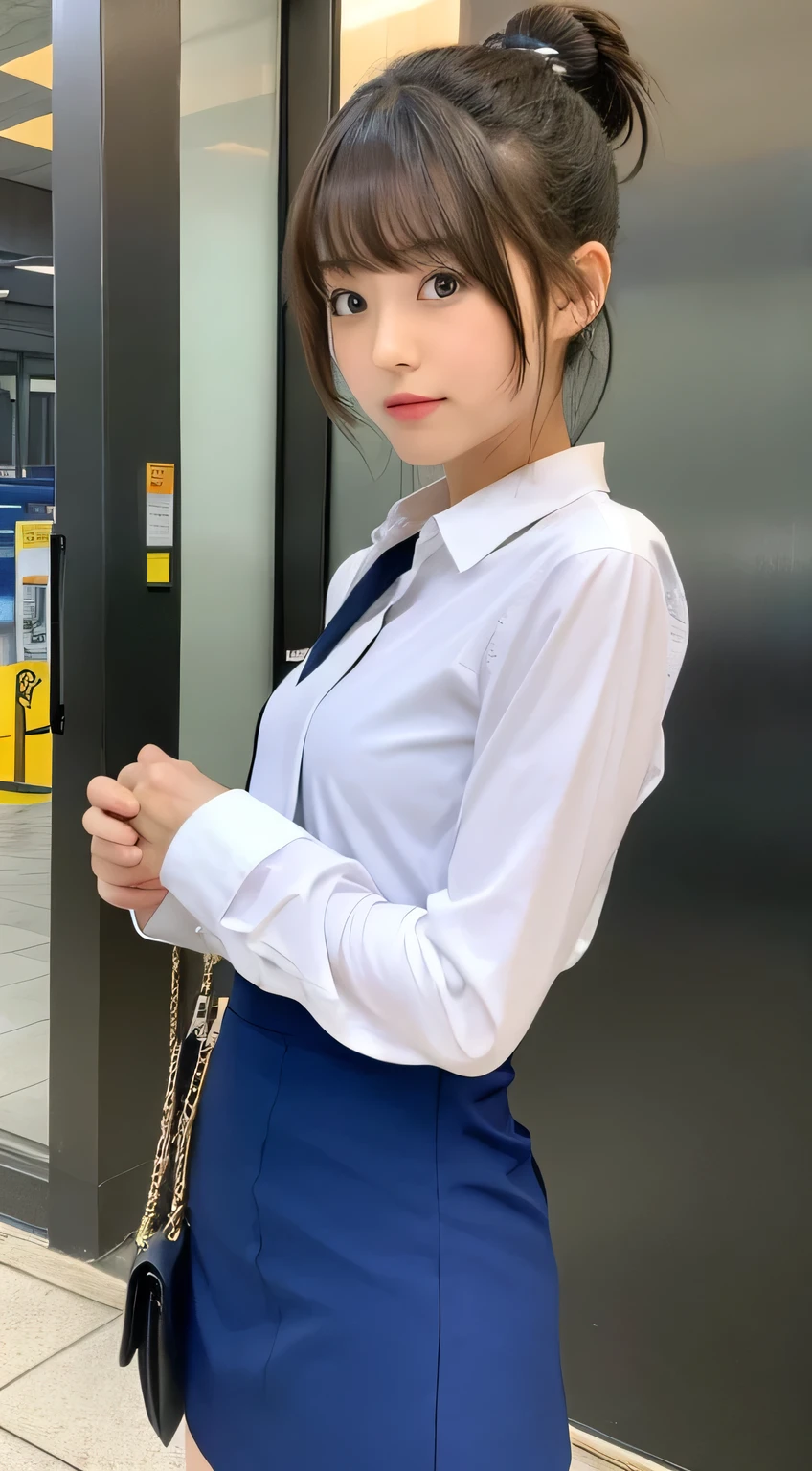 station、OL、suit、mini skirt、Japanese、Bangs、ponytail