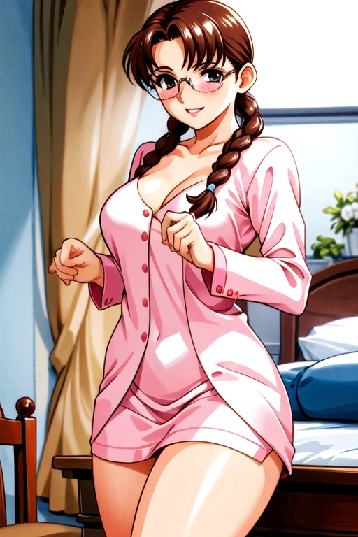 (masterpiece, highest quality:1.2),( One girl,Large Breasts:1.2),Out of breath,Grin,Open cloth, Show off your breasts, good, Bedroom,taking off cloth,present, (Malaise:1.4),Reproduction,It was scary,blush,Concerned,
 View the viewer,Ayumi_arima,Long Hair,Brown Hair,25-year-old woman, Single Pigtail,Pink Lip, Glasses,Pink Suit,one goodid,
