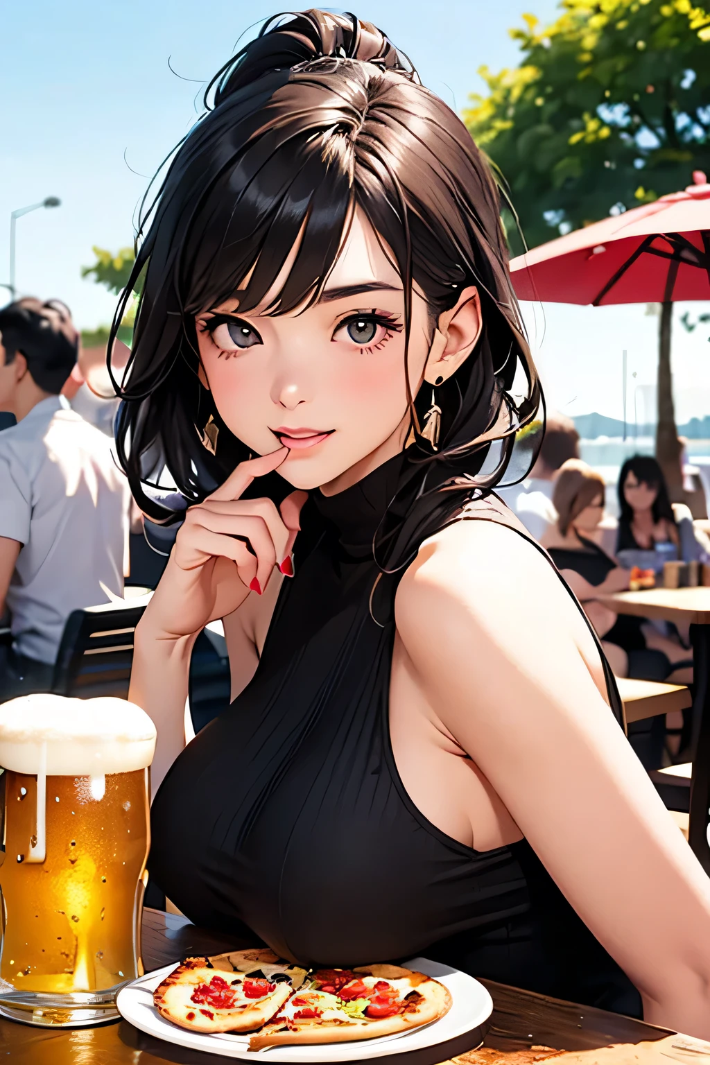highest quality、High resolution、Detailed Background、(Beautiful face in every detail:1.4)、Anatomically correct、(Draw the usual number of fingers:1.2)、(Detailed facial expressions)、(Detailed eyes:1.2)、(Detailed eyes:1.2)、Beautiful, smooth skin、Beautiful girl in her 20s、(Three Women)、(Huge breasts:1.3)、(Highly detailed face:1.4)、Brown Hair、Black Hair、cute hair color、ponytail、Bobcut、Braided long hair、Wavy Hairstyle、well-groomed eyebrows、Perfect body line、Cowboy Shot、
(Woman having fun with friends in beer garden:1.5)、
Going to a beer garden with friends and family can create a more enjoyable atmosphere.、Gathering with a large group of people will increase the excitement and make for a memorable experience.、
Mr.々There are many different types of beer on offer, so please try the beer that interests you.、We also recommend enjoying craft beer and local beers.、
You can also enjoy delicious food along with your beer.、
sausage、potato、Pizza etc.、Choose a dish that goes well with beer、
Occasionally there will be live music and entertainment、
You can have more fun by dancing and singing along to the music.、
It is important to have a comfortable seat or table、
A beer garden where you can enjoy beer and cocktails while taking in the beautiful view of Tokyo Bay.、cute