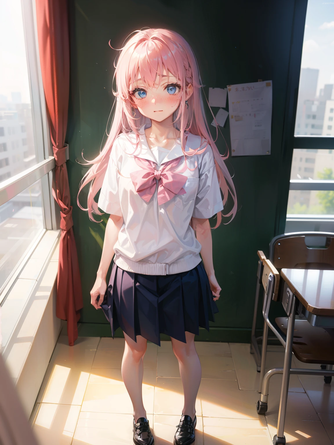 youg girl, Pink hair, blue eyes,with blush cheeks,Show Legs,(full-body view), Pretty Face, Shy, embarrassed, school shirt and skirt, in school class