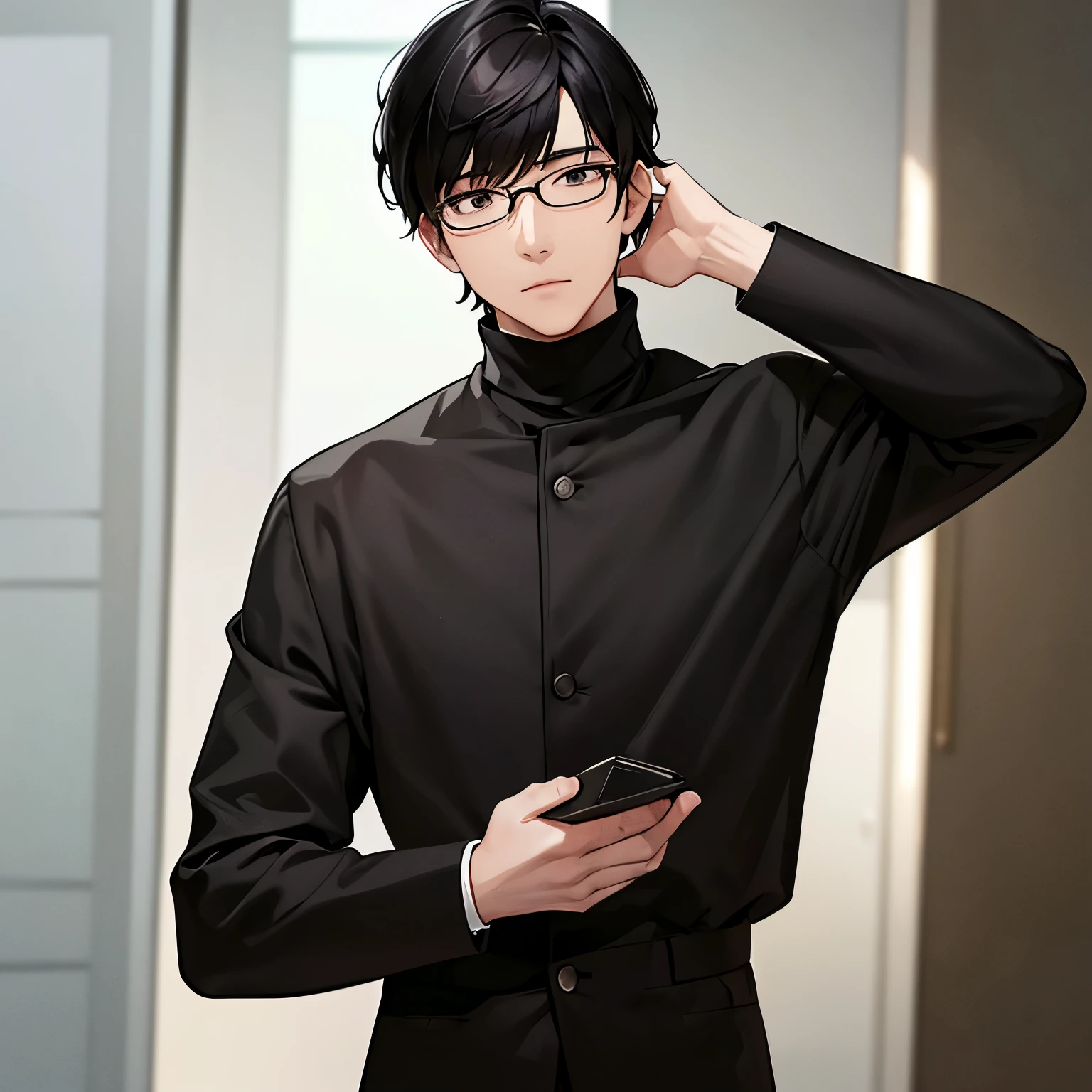 an Asian man, black turtleneck, glasses, black hair and a little white, perfect, facing forward, masterpiece, businessman, no background