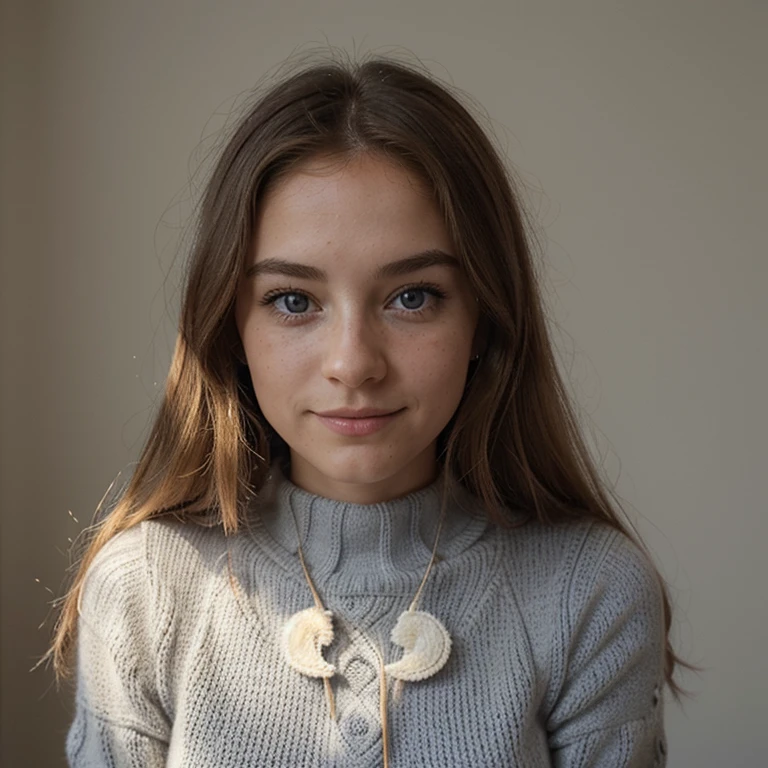 Chat mignon ,femme 20 ans, very light blonde,belle peau, freckle on the nose, nez fin,bouche souriante,  very long middle back curly hair,Petit, noir avec une tache en forme de croissant de lune sur le dessus de la tête entre les deux yeux, yeux bleu gris, coucher sur un tricot , un pull couleur arc en ciel , kawaii, circular knitting needle 
