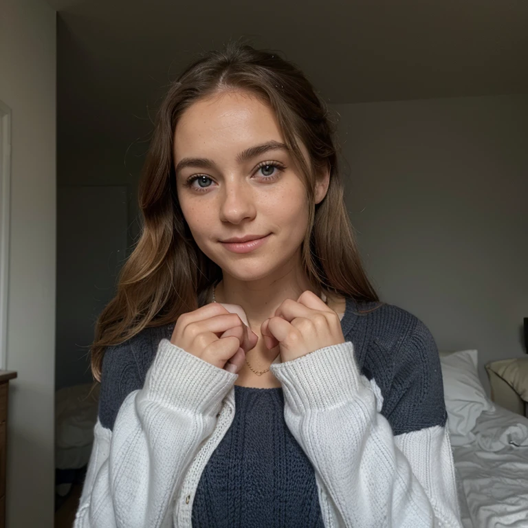 Chat mignon ,femme 20 ans, very light blonde,belle peau, freckle on the nose, nez fin,bouche souriante, very long middle back curly hair,Petit, noir avec une tache en forme de croissant de lune sur le dessus de la tête entre les deux yeux, yeux bleu gris, coucher sur un tricot , un pull couleur arc en ciel , kawaii, circular knitting needle