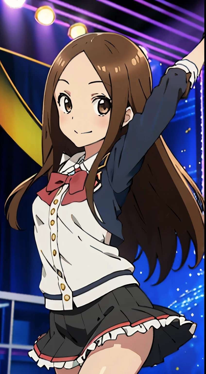 (Realistic),(Realistic),Takagi_Mr. Miss., Height 155 cm,One Girl, 15 years old,Long Hair,Brown Hair, Parted bangs, Brown eyes,Idol,Idol衣装,((costume with frills)),Black top,Black Mini Skirt,Black Stockings,(Provocative smile), whole body, (((dance))),Extremely exciting,highest quality, (colorful), Ray Tracing,Highly detailed CG Unity,8k wallpaper,((The background is the live stage,たくMr. Miss.のステージ照明, fantastic)).