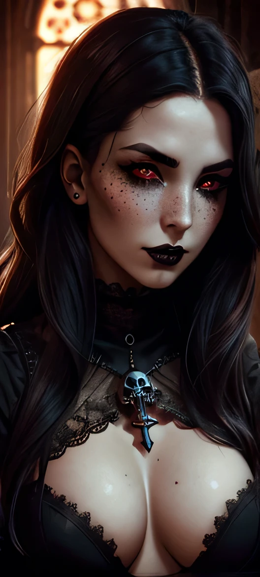 (best quality, hyperdetailed photography:1.2), beautiful lady, freckles, gothic dark makeup, soft light, perfect breast, cover, (detailed beautiful face, detail skin texture, ultra-detailed body:1.1) sexy vampire girl, red eyes, perfect body, skull, blood