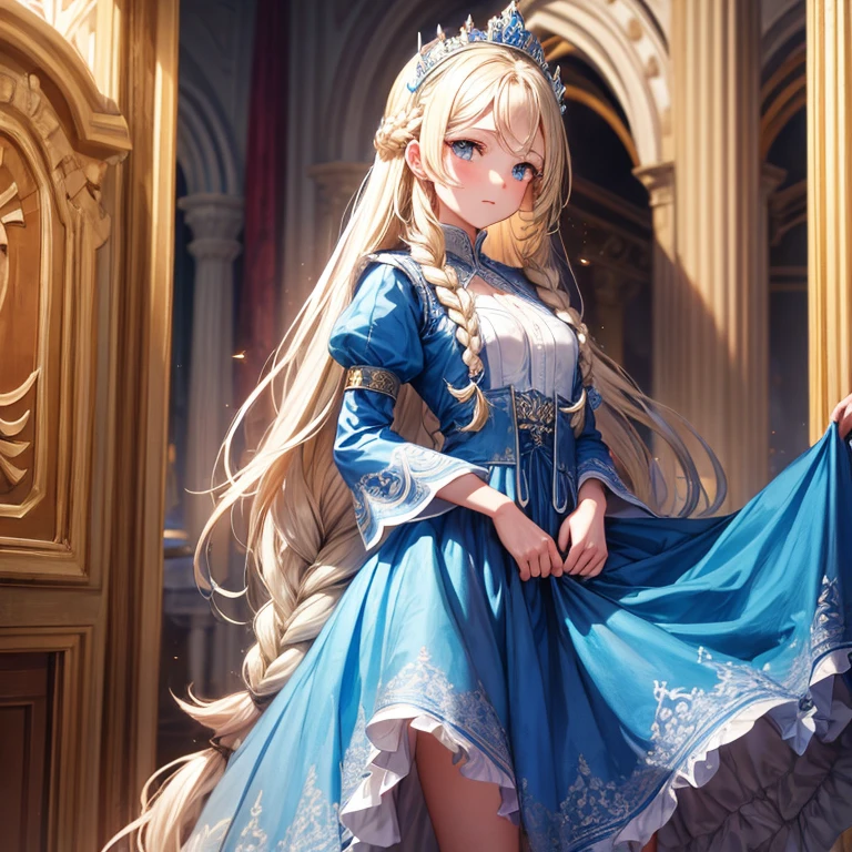 a girl with long blonde hair and braids wearing a blue wedding dress on a background in the palace
