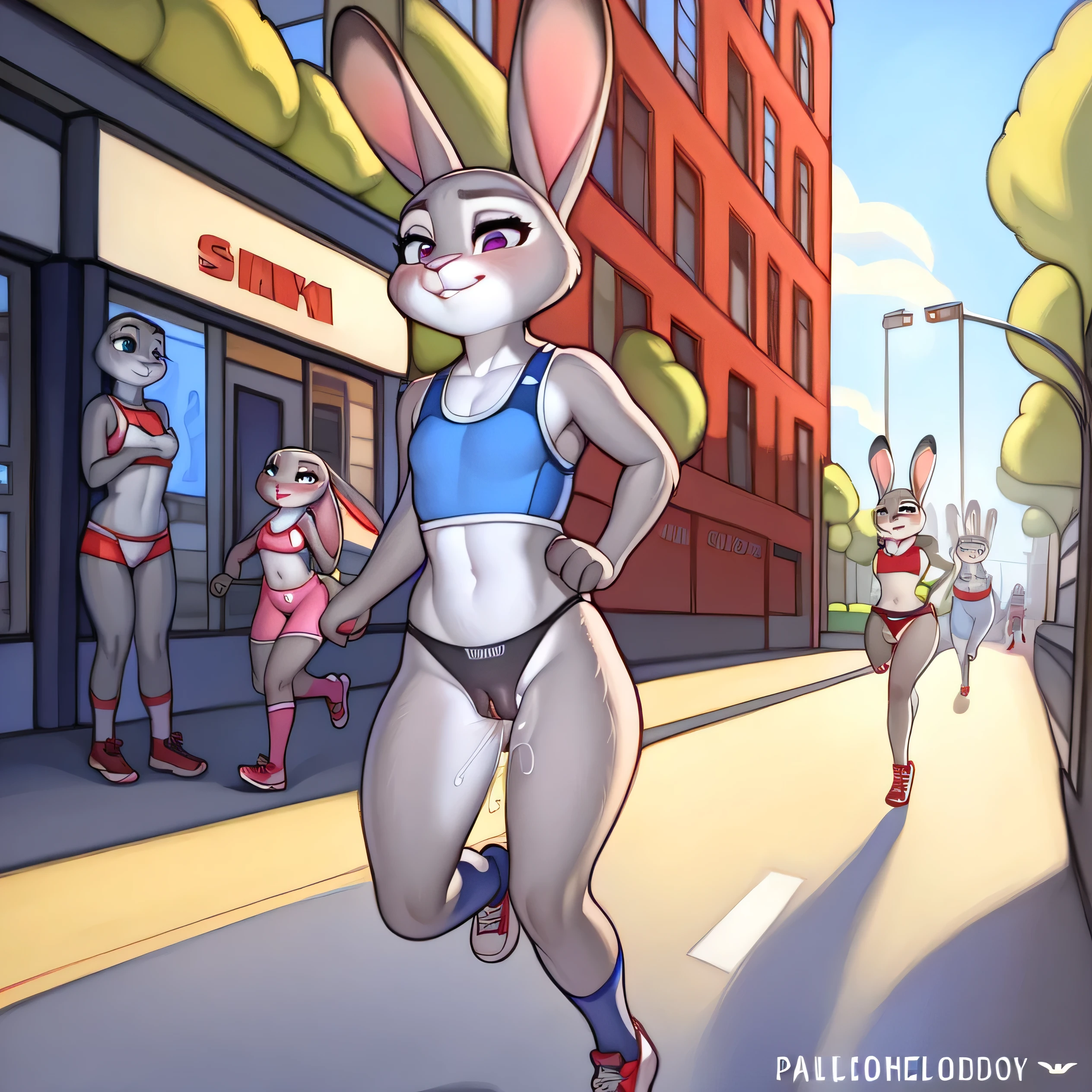 By chelodoy, 2 girls, Judy Hopps , young, small breasts, cameltoe, pussy juice, 4k, ultra quality, sport bra, see-through, black thong , on the street , detailed face, hairy_pussy, running , fingering, kids on the background watching