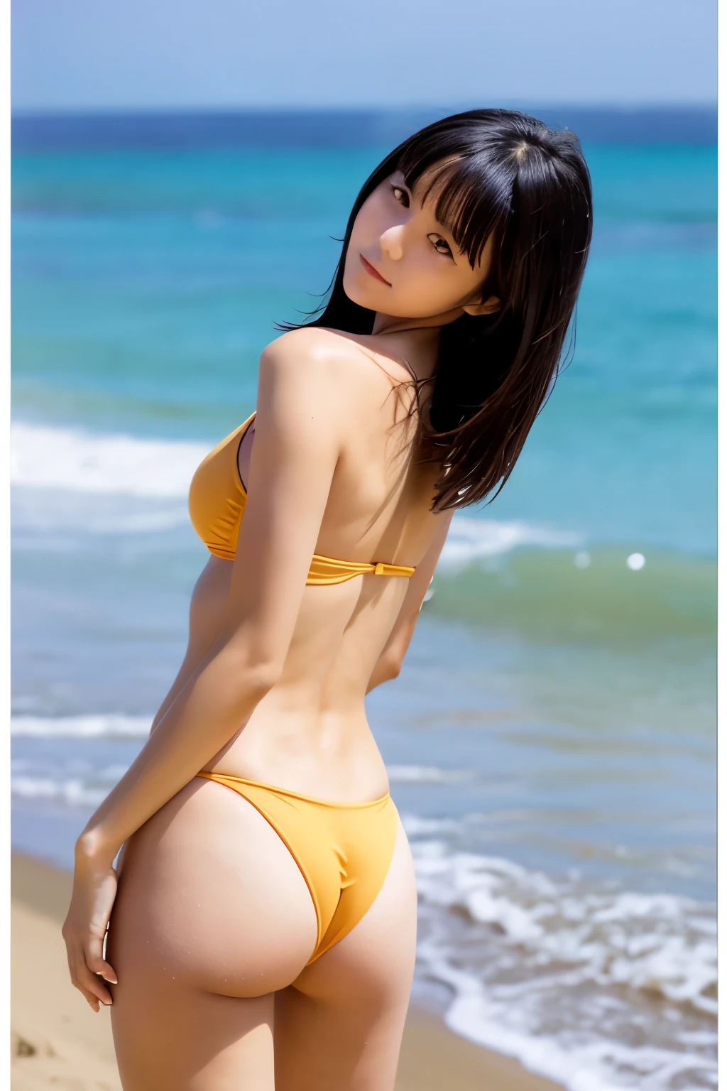 Japanese beauty,２０Mid-generation,Gravure idol,Not too large bust,A melancholic look,Standing tall on the white sand,Looking in the wrong direction,Small waist,Flowing curves,Long limbs,White topless,Narrow crotch,Flowing, glossy black hair,Erotic T-back swimsuit that digs into the crack,High leg,Large amber eyes,