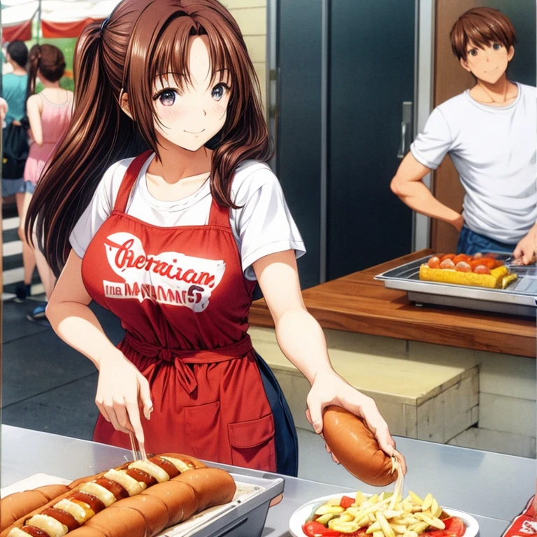 Woman making hot dogs at an American food stall Tight clothing highest quality