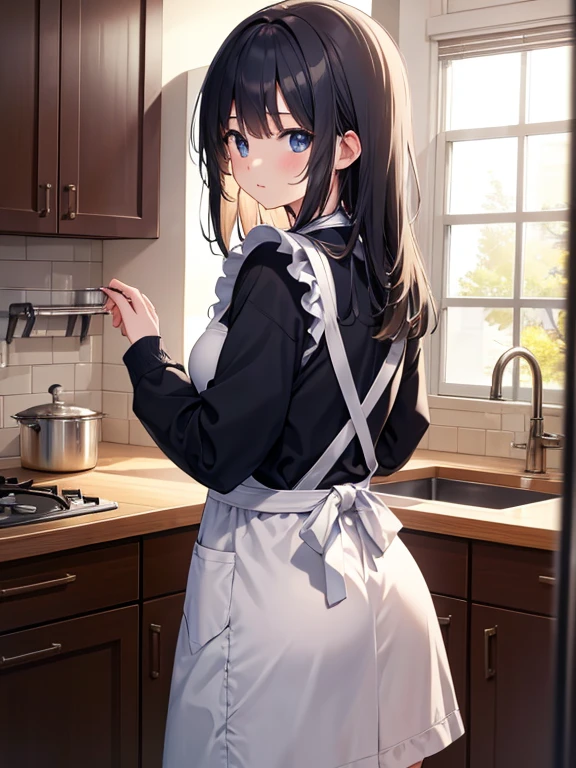 masterpiece、highest quality、High resolution、Very detailed、Girl、student、Medium wide shot、Cowboy Shot、、student服、apron、look back、kitchen、I'm cooking、Laughing with mouth open、Black Hair、Straight Long Hair、