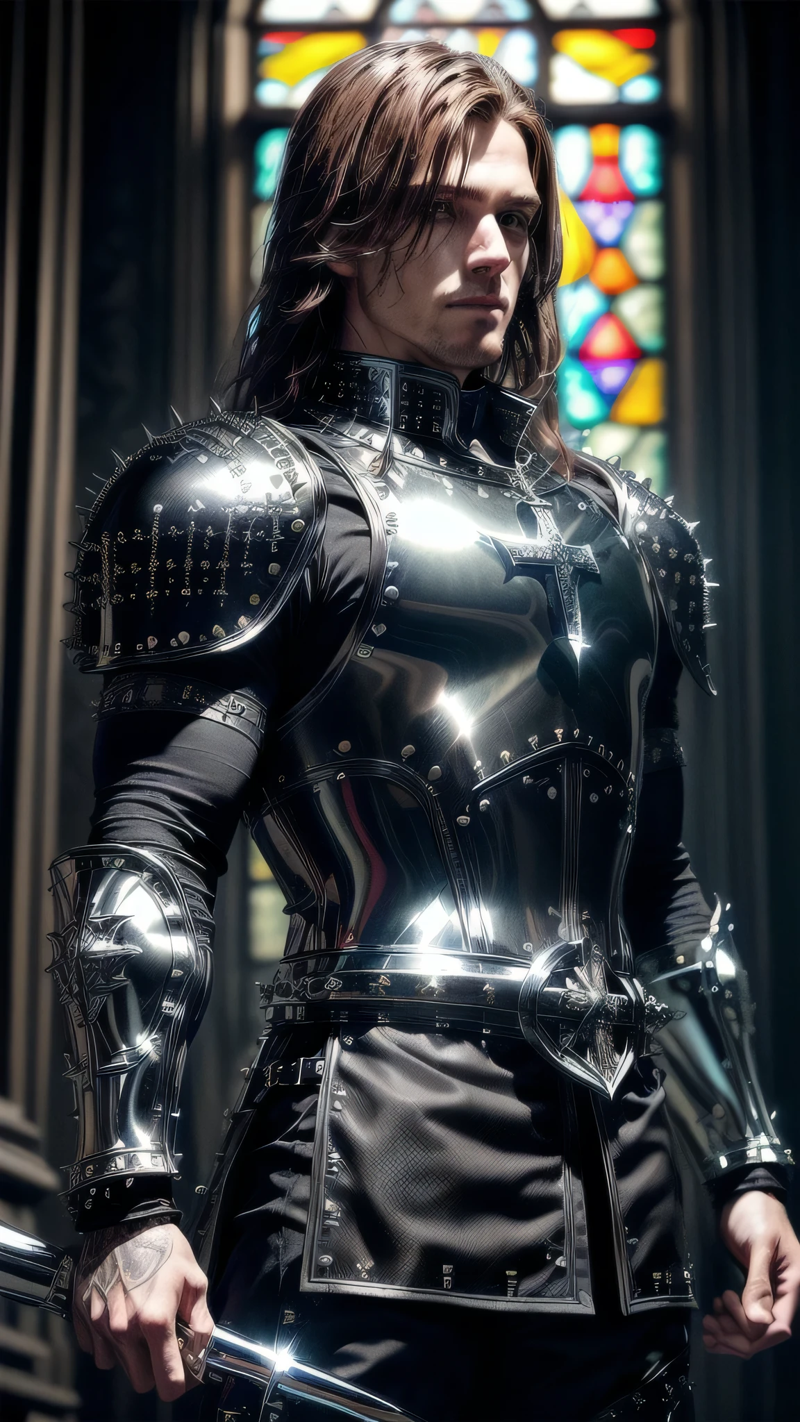 (masterpiece), (extremely intricate:1.3), (realistic), portrait man (((medieval paladin, (((lacquered reflective jetblack armor:1.4, cleric, holy symbol, ((chrome rivets), deadly, muscular, masculine, male))), photorealistic, hyper-realistic, smiling, wind blown blowing straight [dark hair:ginger hair:0.5]), tattoo:0.9)), indoor, stained glass, medieval church, intense sunlight, professional photograph, detailed), ((dynamic pose)), sharp focus, dramatic, award winning, cinematic lighting, volumetrics dtx, (film grain, blurry background, blurry foreground, bokeh, depth of field, interaction), 8K
