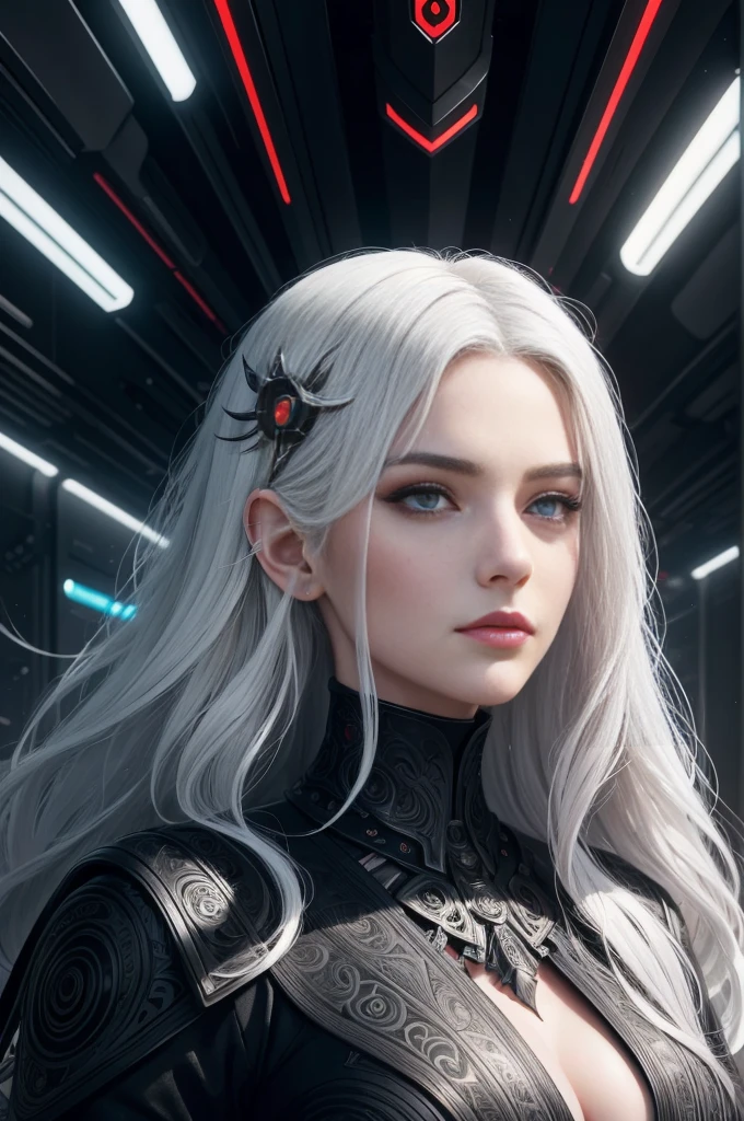 Portrait of a beautiful girl with wavy white hair, wearing a formal black dress with metal parts, red eyes, monograms in the background, digital painting, dark colors, 8k, complex details, vintage, retro futuristic style, sharp focus on the center, pastel colors, art station, (sci-fi, future, future theme), (facial expression looking with disdain), (detailed illustration)