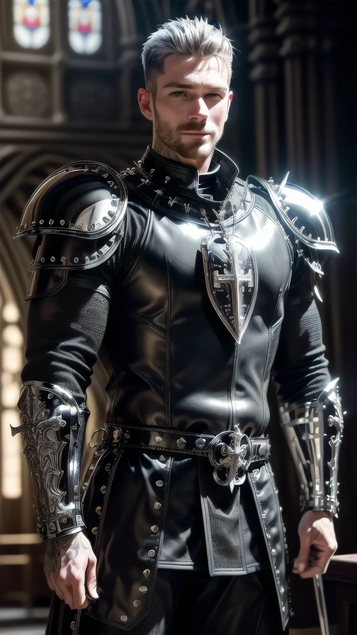 (masterpiece), (extremely intricate:1.3), (realistic), portrait man (((medieval paladin, (((lacquered reflective jetblack armor:1.4, cleric, holy symbol, ((chrome rivets), deadly, muscular, masculine, male))), photorealistic, hyper-realistic, smiling, wind blown blowing straight [dark hair:ginger hair:0.5]), tattoo:0.9)), indoor, stained glass, medieval church, intense sunlight, professional photograph, detailed), ((dynamic pose)), sharp focus, dramatic, award winning, cinematic lighting, volumetrics dtx, (film grain, blurry background, blurry foreground, bokeh, depth of field, interaction), 8K