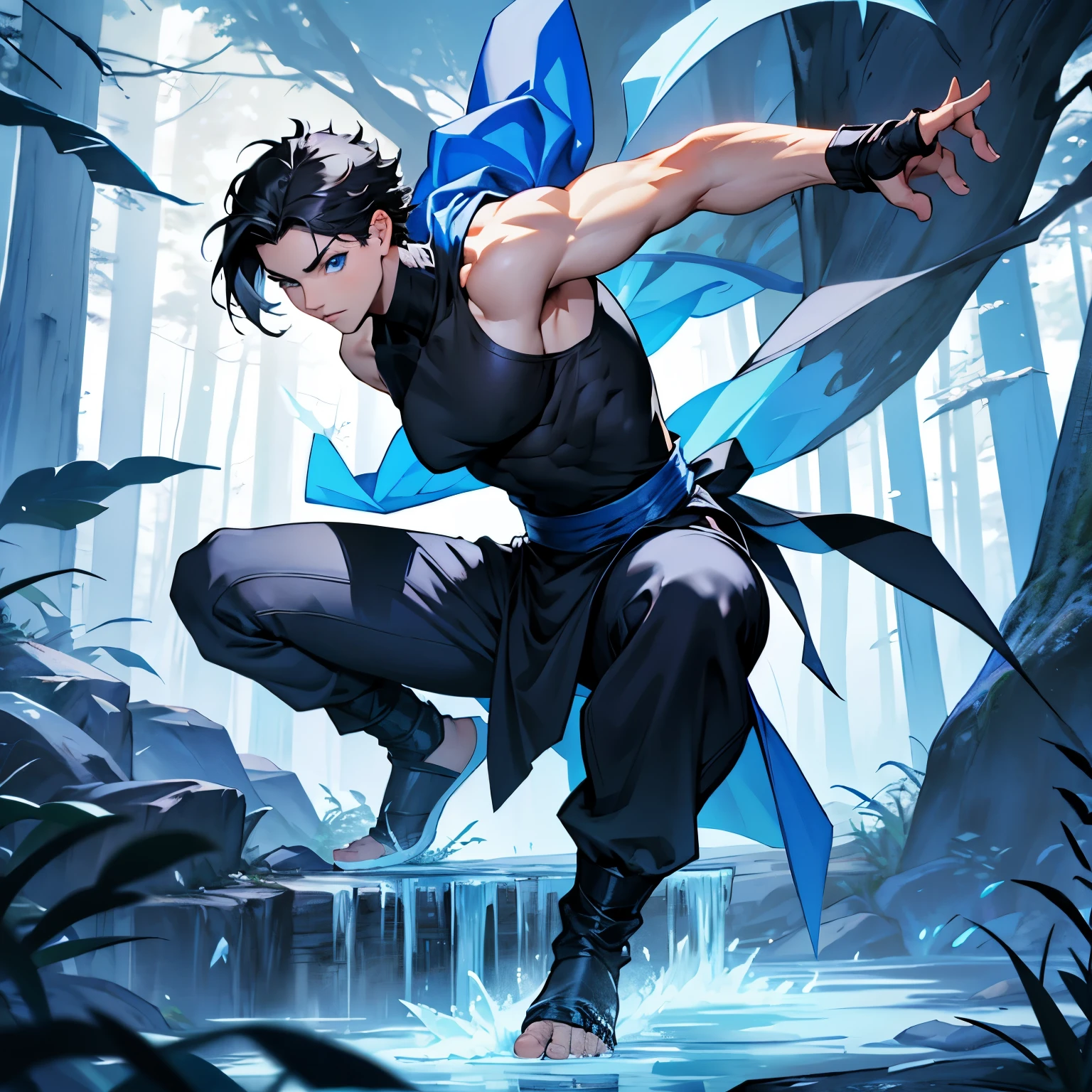 Ninja Woman, White cloak, short hair, Black hair, blue eyes, bare hands, ice themed, black pants, blue top clothes, ninja pose, forest background