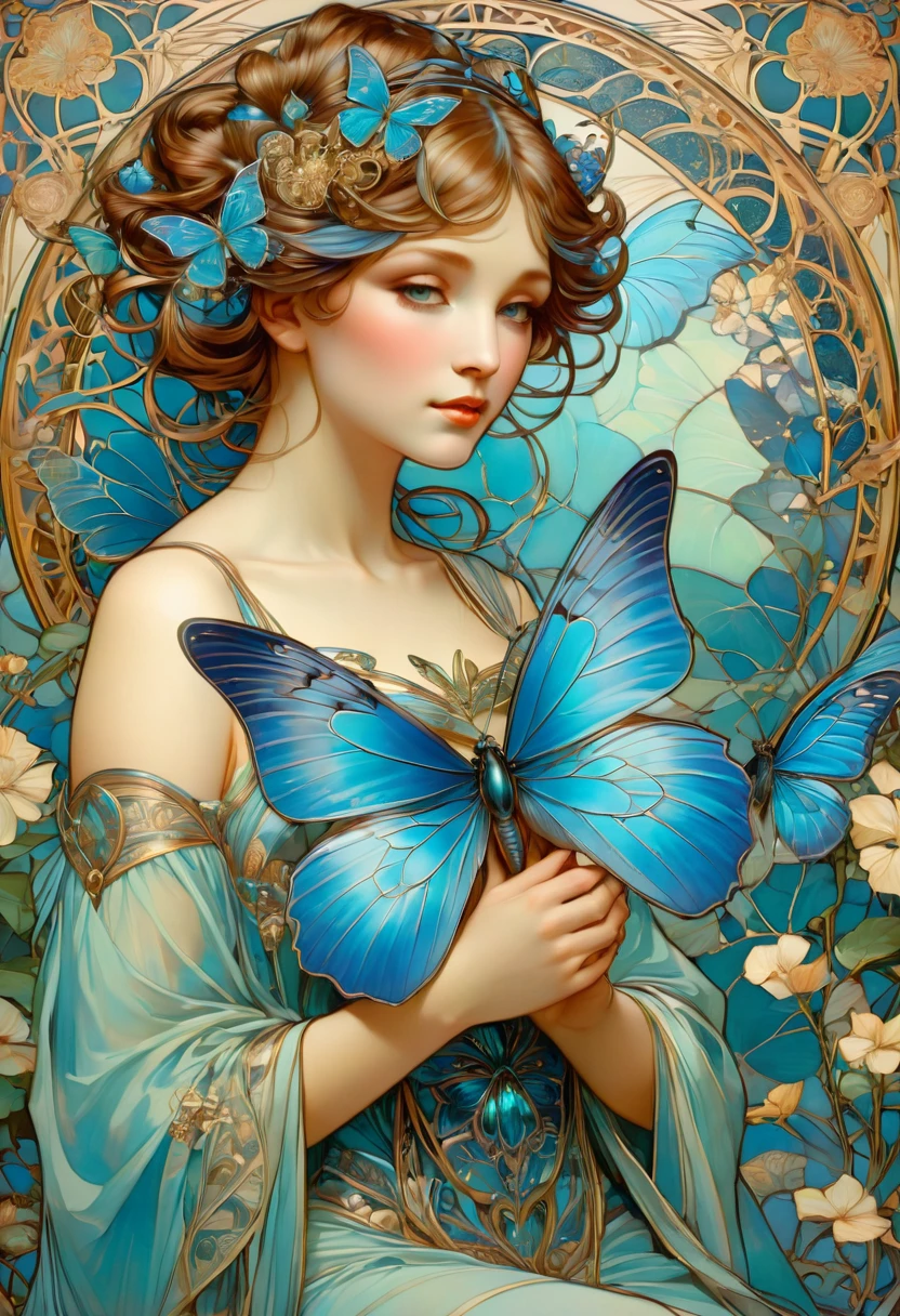 blue butterfly, by Alphonse Mucha, best quality, masterpiece, very aesthetic, perfect composition, intricate details, ultra-detailed