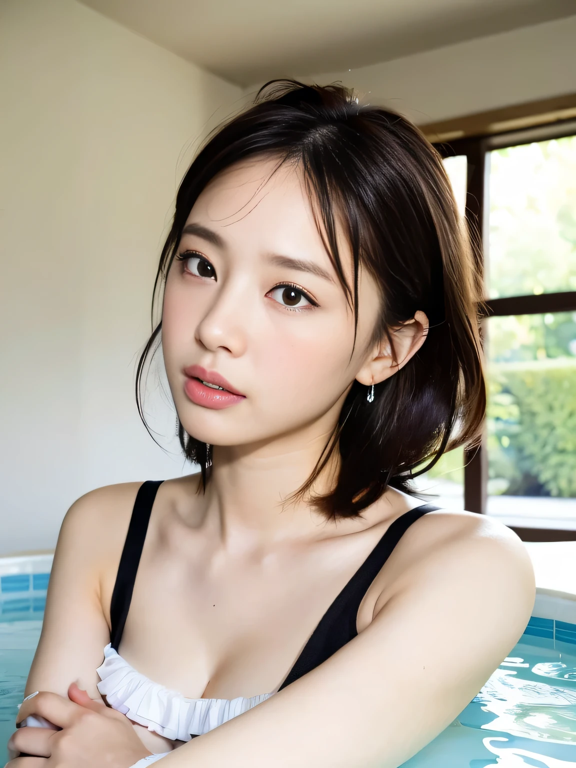 ((8k:1.27), highest quality, masterpiece, 超A high resolution:1.2)Photo Beautiful Japan woman(Comfortable:1.1) grace, good, Gradient lighting, One Girl, Delicate skin, Brown eyes, (Short hair with bangs:1.2), (Large breasts:1.0), (middle breast wheel:0.8), (Realistic:1.4), (highest quality:1.0), (超A high resolution:1.0), 8k, Raw photo, (masterpiece:0.2), (Purelos Face_v1:0.5),  All Overprint Contrast Colors Dresulti Colors, Red-brown, What can I do for you?, theme, Looking at the audience,  

22 years old, 1 person, ((Beautiful announcer, Cute mouth:1.2)),

((Gorgeous Earrings, Long Necklace:1.2)), 
((Body-hugging micro bikini, No bra, Layering, cleavage wide open:1.2)),
((Sleeping with legs stretched out in the jacuzzi, facing upwards, Open your legs a little:1.5)),
(Full body image from thigh, Pay attention to her beautiful slim thighs:1.2), 

((Sexy atmosphere, Naughty pose, Kissing Mouth, hold out your lips, Cute and shy, Staring at me in fascination:1.2)),
((Boyfriend's bedroom, Large white jacuzzi, White wall, Boyfriend and good mood)),
((Large windows overlook the beautiful garden:1.2)), 


Realistic skin texture, Fair skin, Shiny skin, Beautiful skin on legs, Beautiful feet, 
Highly detailed face, Slim face contour, Beautiful small face, Beautiful Nose, 
Ultra-detailed eyes, Slit eyes, Brown eyes, double eyelid, Ultra-thin eyebrows, Thin, long eyelashes, 
Ultra-detailed lips, Plump and moisturized lips, Glossy pink lips, Flushed Cheeks, ((White beautiful teeth)), 
Beautiful actress&#39;s languid make-up, Pink lipstick, Smoky eyeshadow, Eye foundation, 
Dark Brown Hair, Delicate soft hair, Hair blowing in the wind, 
(Elegantly putting your hair up, Medium Short Hair, ponytail:1.2), 
Layered Cut, (Blunt bangs:1.2), 
((Open your mouth a little, Stick out your tongue a little)), Body facing forward, 


((Raise your face slightly)),
((Squinting)), 
((pursing lips:1.2)),
((Blushing:1.2)),
((The cleavage between her breasts is fluffy, Beautiful breasts)), 